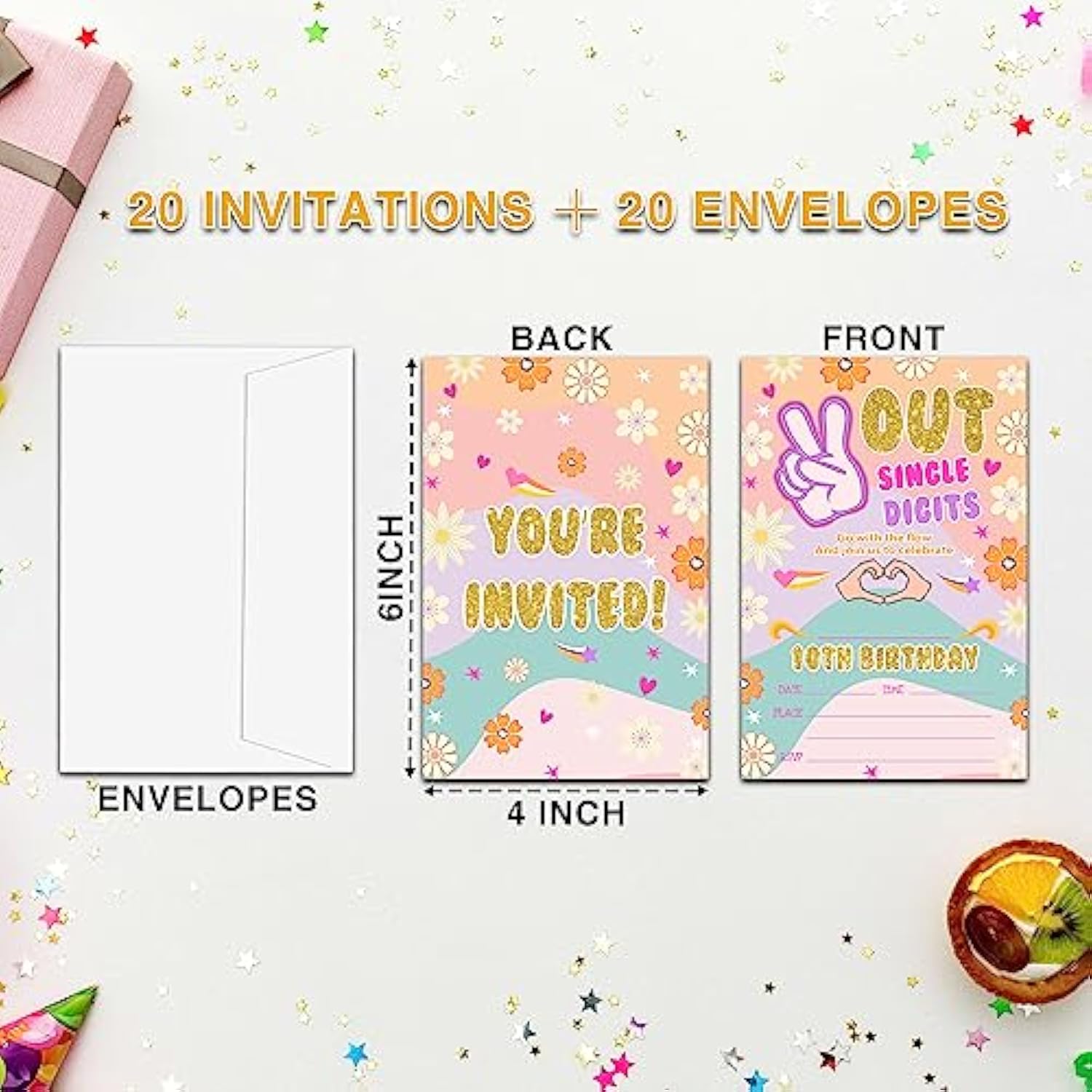 Peace Out Single Digits Birthday Invitations For Kids Girls Boys, Rainbow Tie Dye Double Digits 10Th Birthday Party Invitation Cards, Party Decor Supplies - 20 Fill In Invitations With Envelopes (C01)
