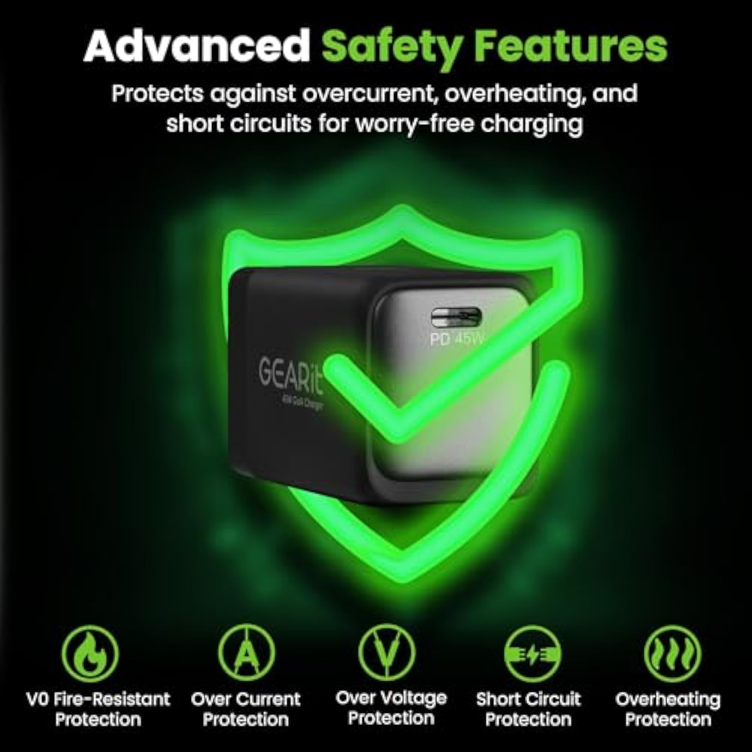 GEARit Compatible with Apple, Samsung, iPhone, iPad | 45W USB C Charger Block | Foldable GaN Wall Charger Box | Fast Charging Wall Plug Power Adapter Brick Cube | Type-C Charging Block - Black