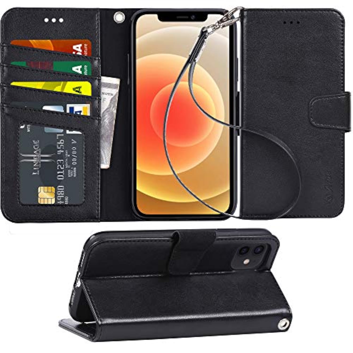 Case For 12 / 12 Pro 6.1 Inch Wallet Case Flip Cover With Card Holder And Wrist Strap For 12 / 12 Pro 6.1 Inch - Black