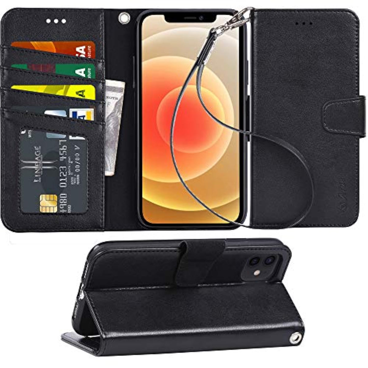 Case For 12 / 12 Pro 6.1 Inch Wallet Case Flip Cover With Card Holder And Wrist Strap For 12 / 12 Pro 6.1 Inch - Black