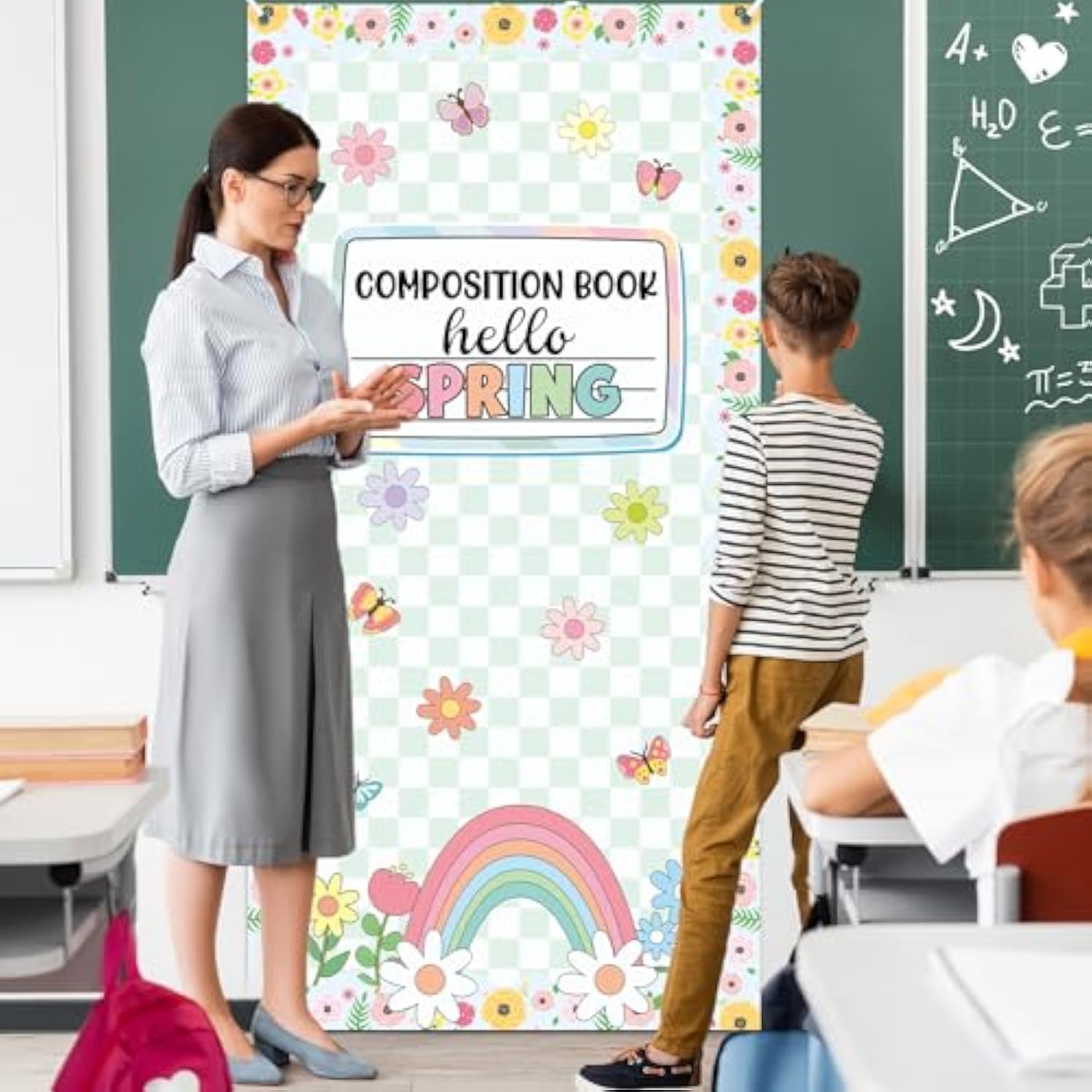 Spring Composition Notebook Classroom Door Cover Green Floral Butterfly Rainbow Hanging Banner Back To School First Day Of School Welcome Backdrop Wall Door Decor For Kindergarten Preschool Elementary