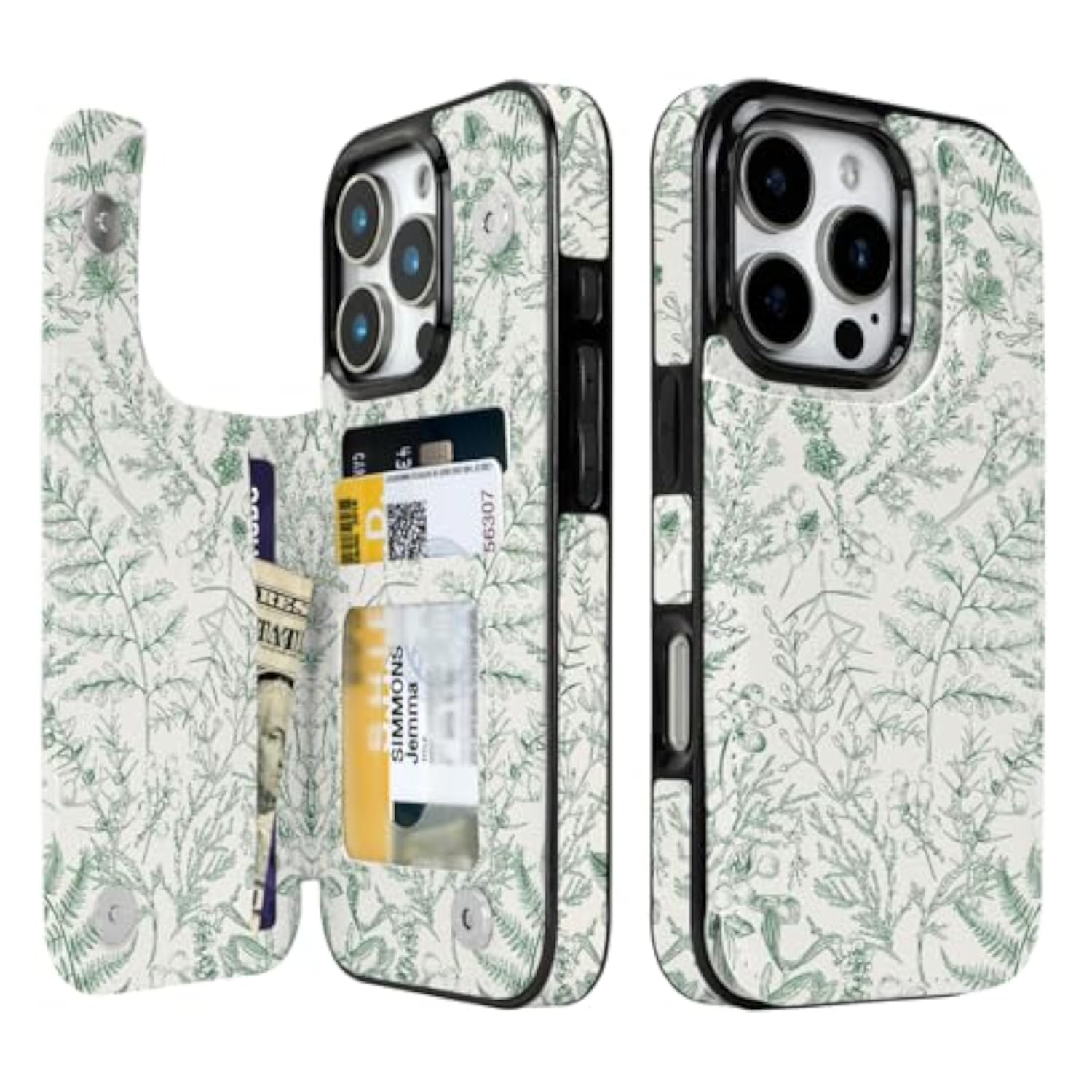 Floral Flip Wallet Case Compatible with iPhone 16 Pro 6.3 inch Green