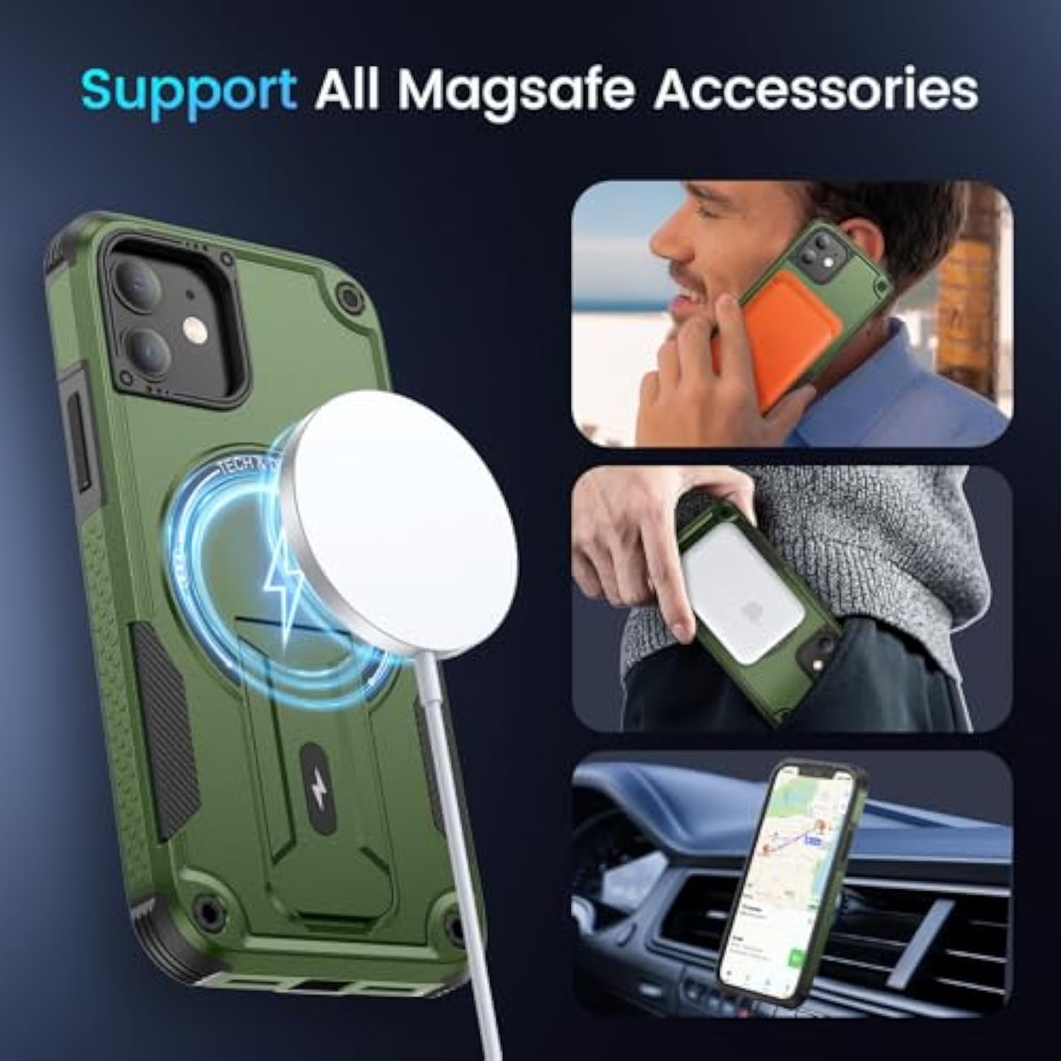 For Iphone 11 Case, Iphone 11 Phone Case [Compatible With Magsafe] [Built-In Invisible Stand] [Heavy Duty Drop Protection] Shockproof Rugged Protective Magnetic Cover Accessories Green
