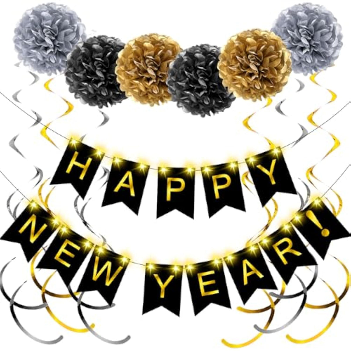 15 Pcs Black Gold Happy New Year 2026 Party Decorations Set