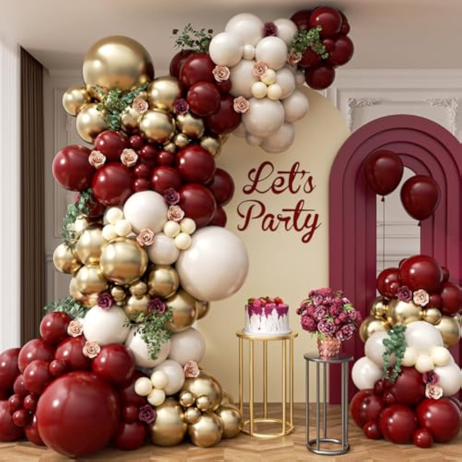 Burgundy & Gold Balloon Garland Kit – Maroon, Nude, White and Metallic for Graduation and Parties