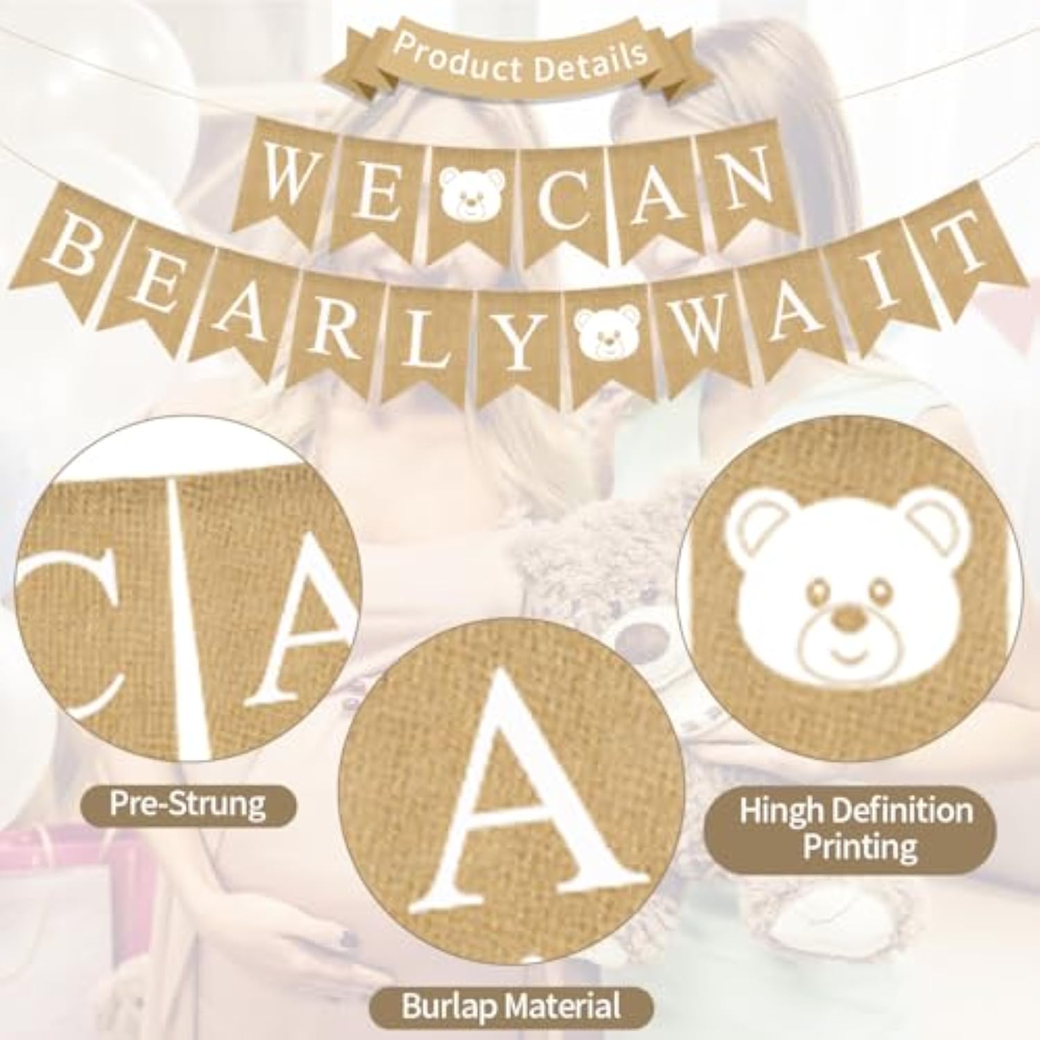 We Can Bearly Wait Banner 6ft Burlap Teddy Bear Baby Shower & Birthday Decor