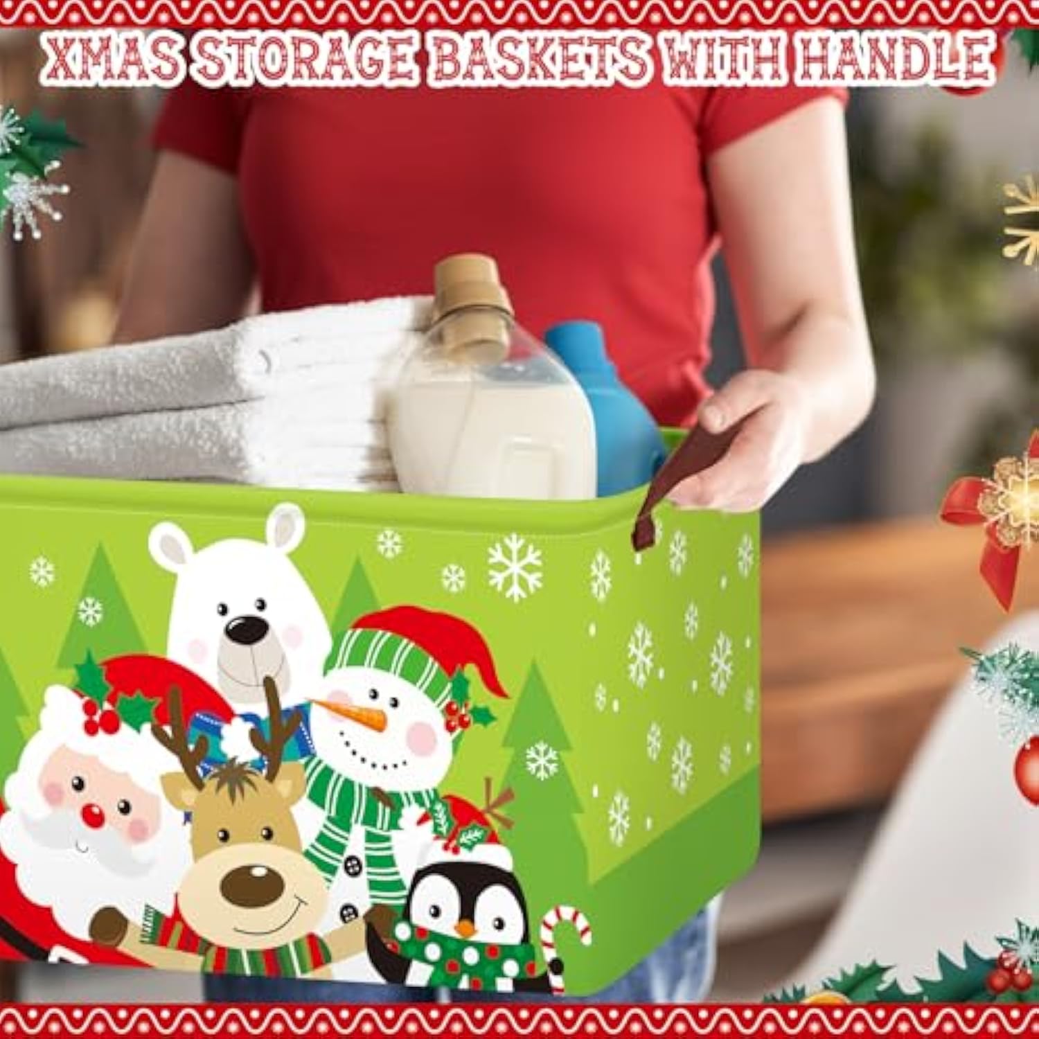 3 Pack Christmas Storage Bin Collapsible Large Christmas Storage Baskets For Gifts Empty Canvas Laundry Basket Foldable Box With Handle For Office Home Bedroom Clothes Shelf Candy Holiday Decor