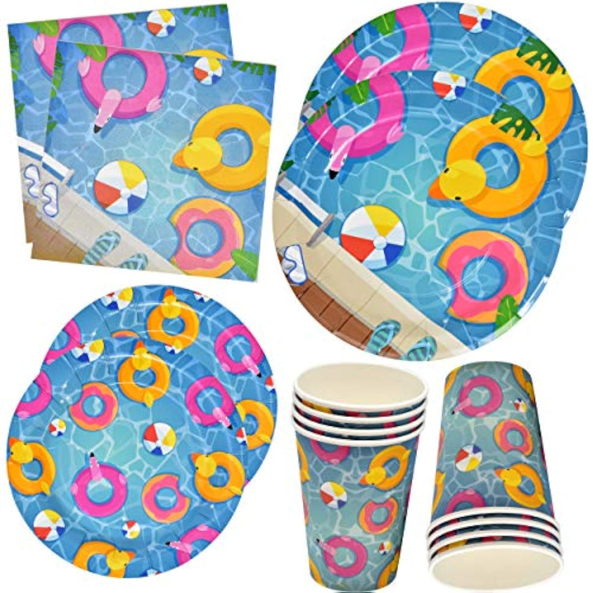 122 Pcs Pool Party Supplies Set – Plates, Cups, Napkins for Summer BBQ & Luau