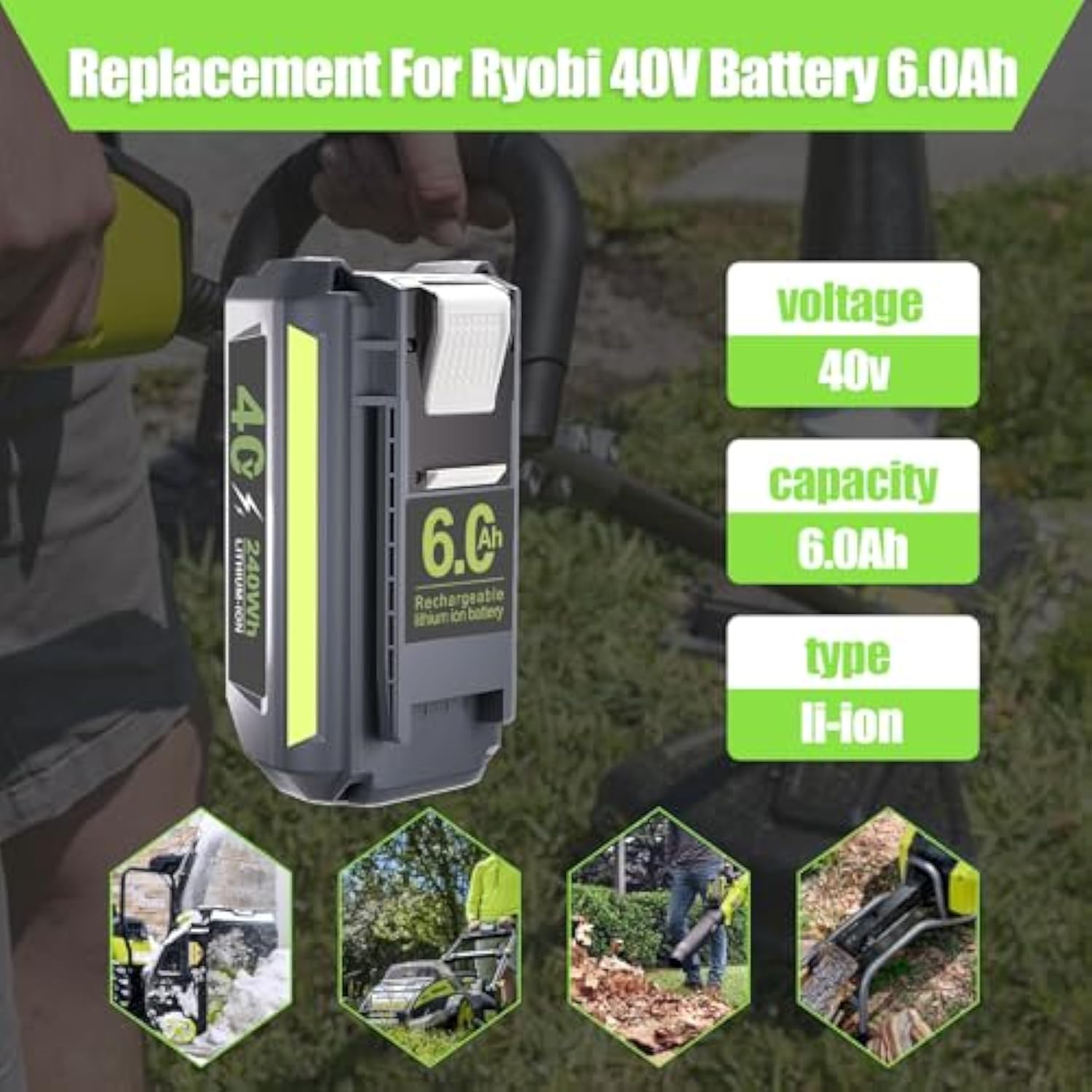 Upgraded 6.0Ah Op4040 Replacement For Ryobi 40V Battery Op4026 Op4050 Op40201 Op40261 1 Op40401, High Capacity Compatible With 40 Volt Ryobi Lithium Battery Chargers And Cordless Power Tools