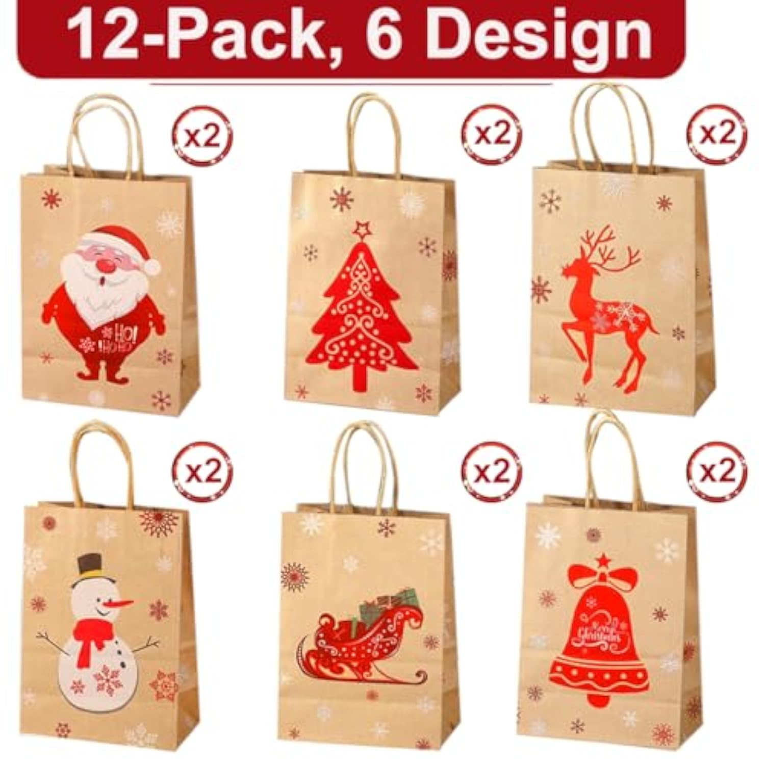 12 Packs Christmas Gift Bags With Handles 8X6 Inches Small Christmas Kraft Paper Bags For Holiday Xmas, 6 Style