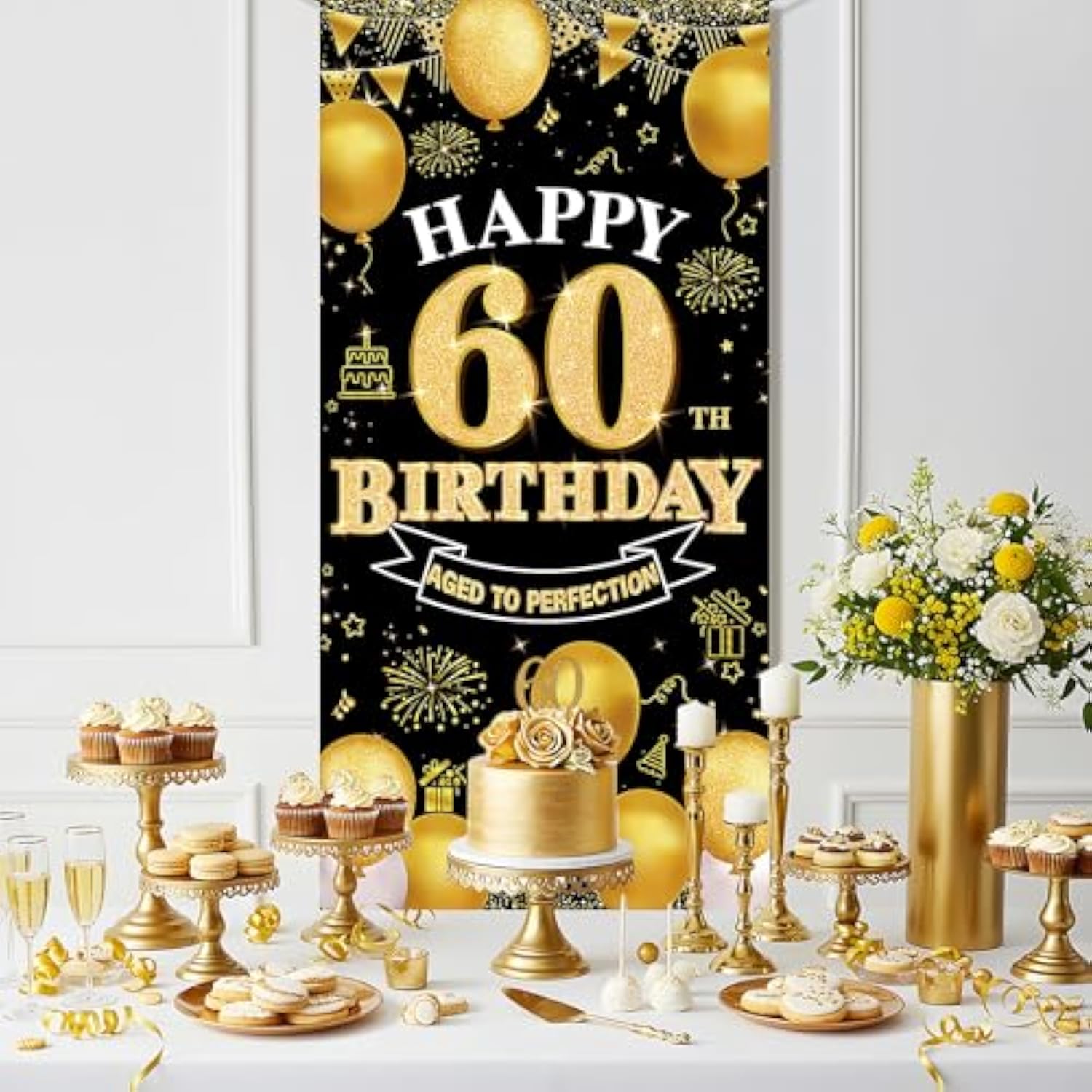60th Birthday Decorations Black Gold Banner Backdrop for Indoor Outdoor Party