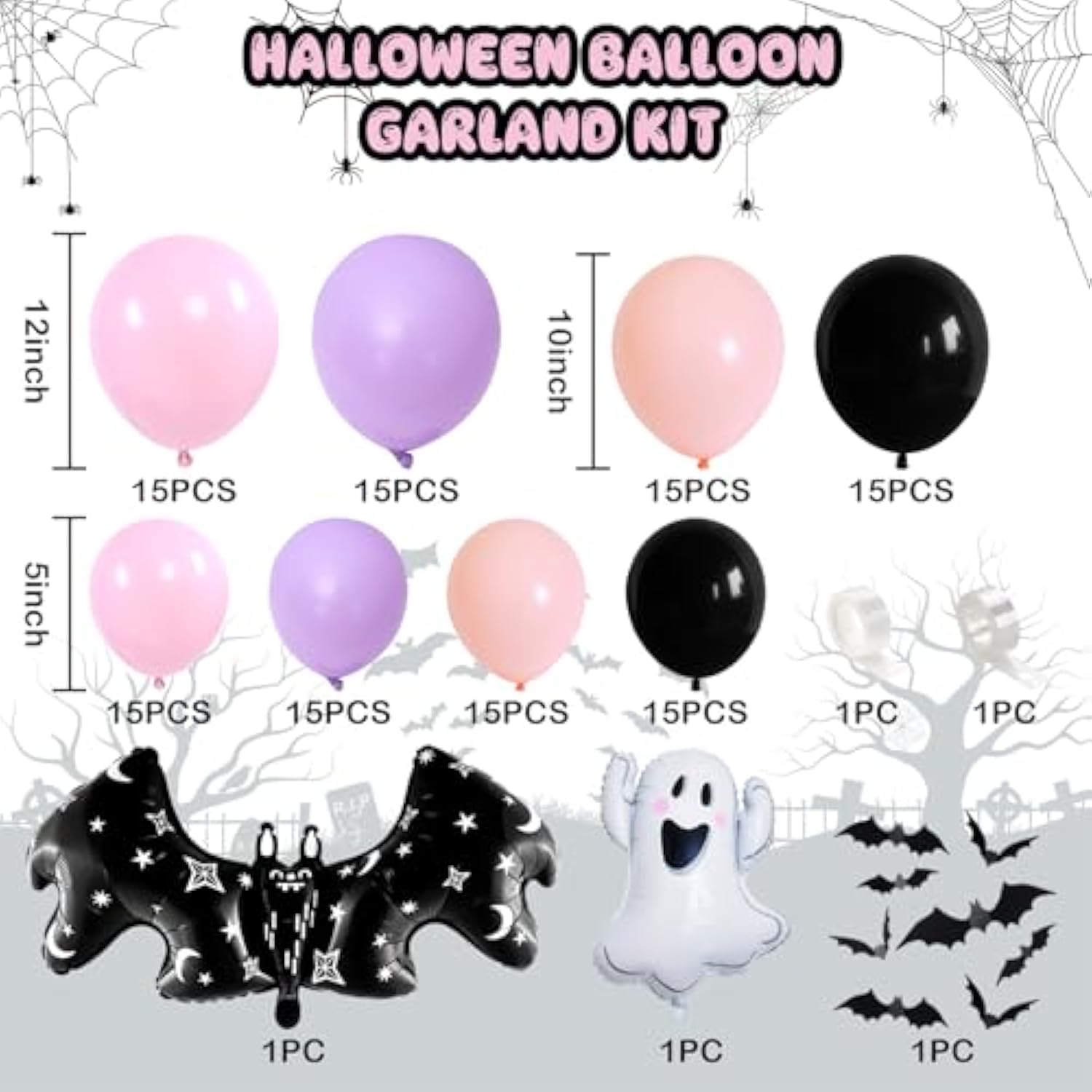 Pink Purple Halloween Balloon Garland Kit 125pcs with Ghost Bat Foil Balloons Decor