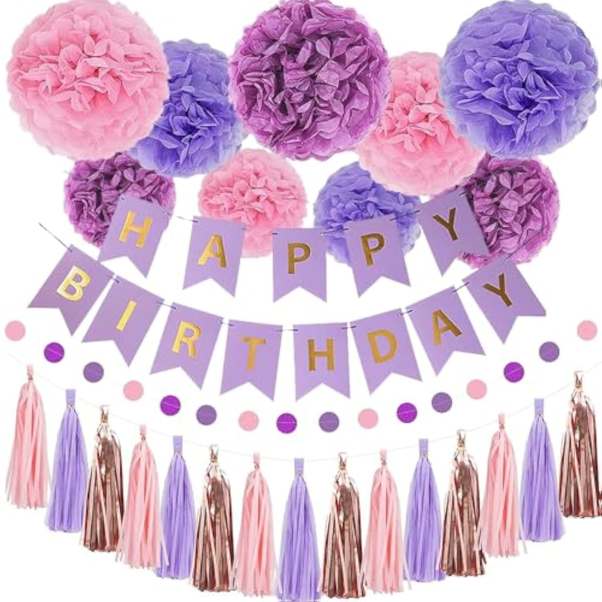 Purple Pink Party Decorations - Happy Birthday Banner, Paper Pompoms, Paper Tassels & Circle Dots Garlands For Women & Girls