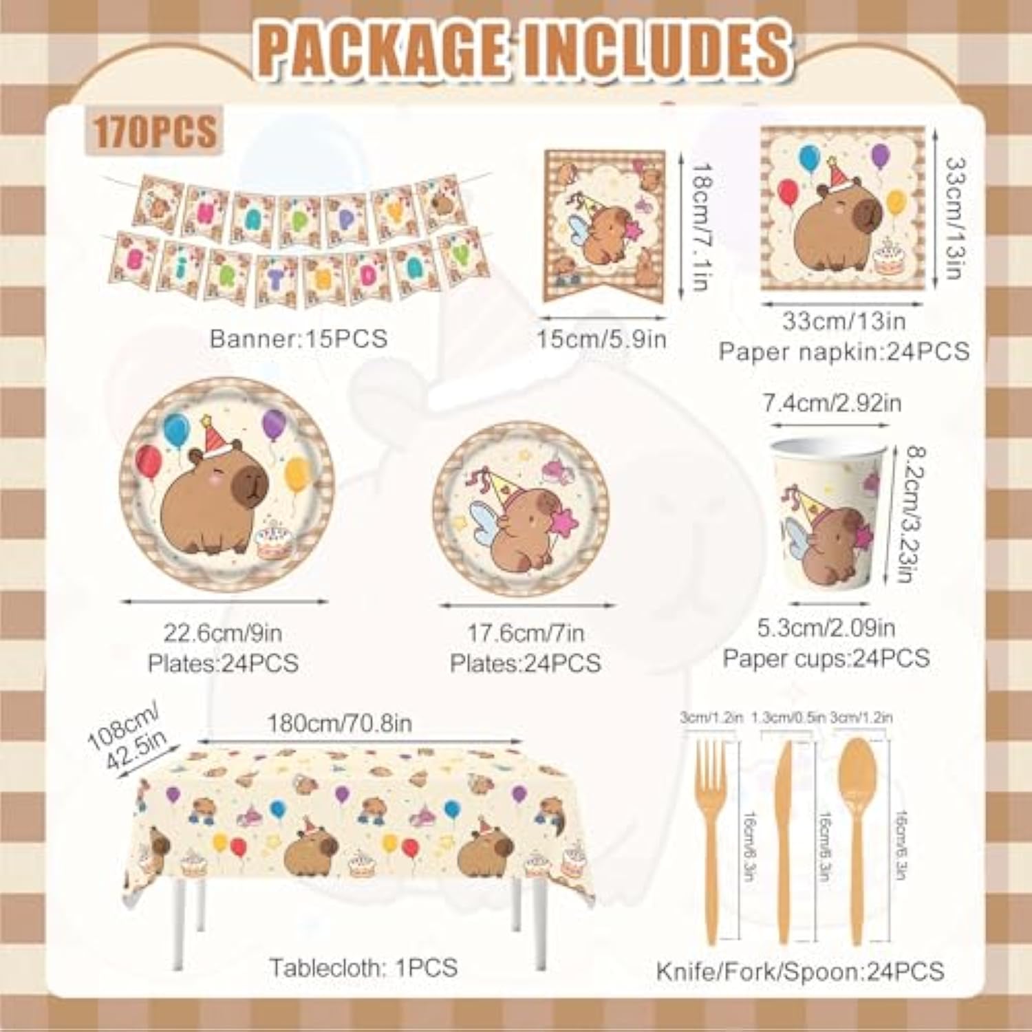 Capybara Birthday Party Decorations, 182Pcs Capybara Party Tableware Set, Capybara Party Supplies Including - Plates, Cups, Napkins, Tablecloth, Cutlery & Happy Birthday Banner, Serves 24