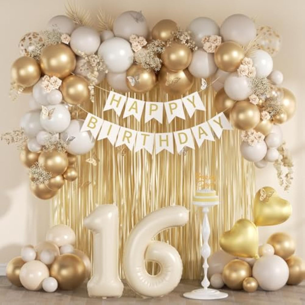 Sweet 16 Birthday Party Decorations, With Happy Birthday Banner Fringe Curtain White Gold Confetti Balloons Number Heart Foil Balloons For Sweet 16 Party Decor