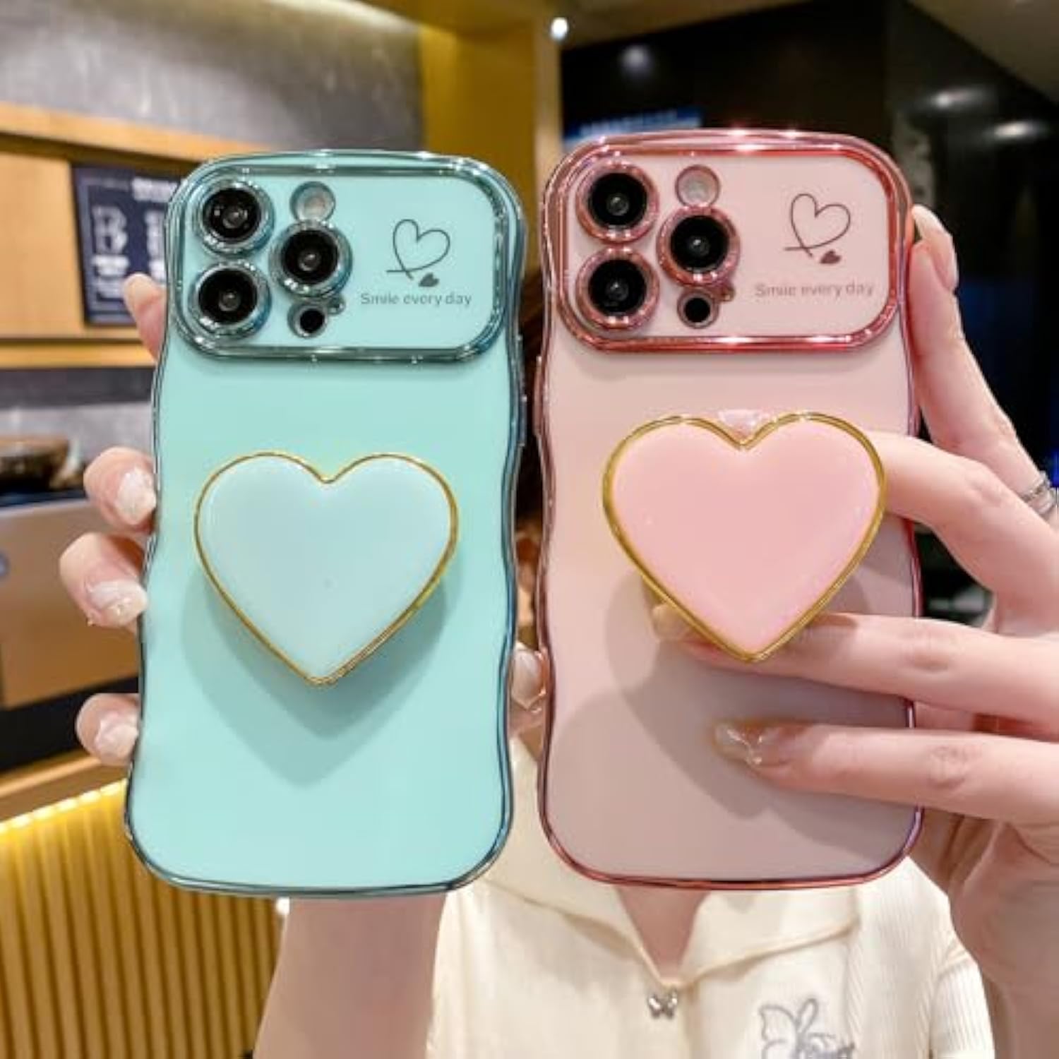 Compatible With Cute Iphone 16 Pro Max Case 6.9'', Pink Wave Frame Shape Phone Case With Love Heart Kickstand Raised Camera Protection Luxury Plating Shockproof Tpu Protective Cover For Women Girls