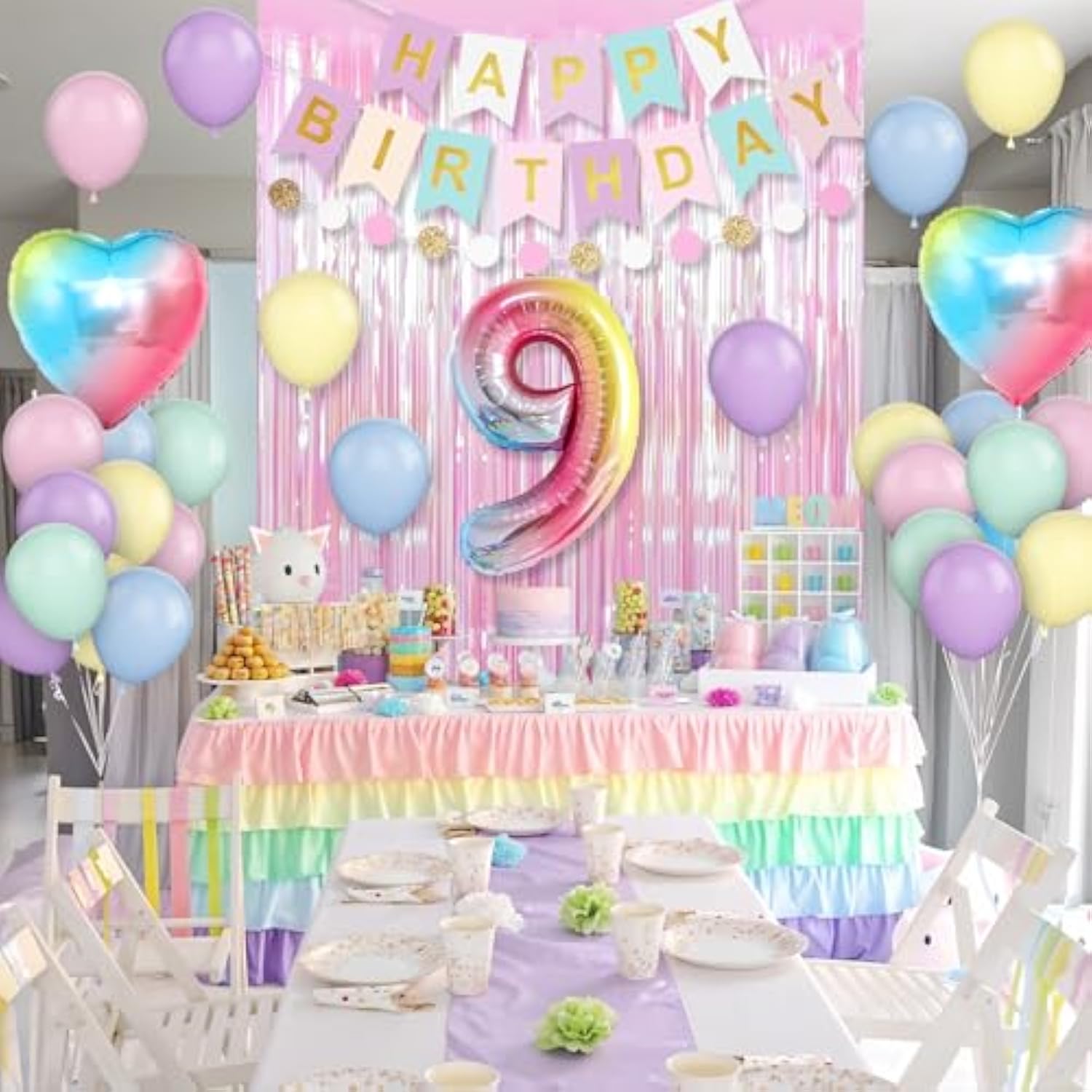 Pastel Rainbow 9th Birthday Décor Set with Number Balloon & Banner