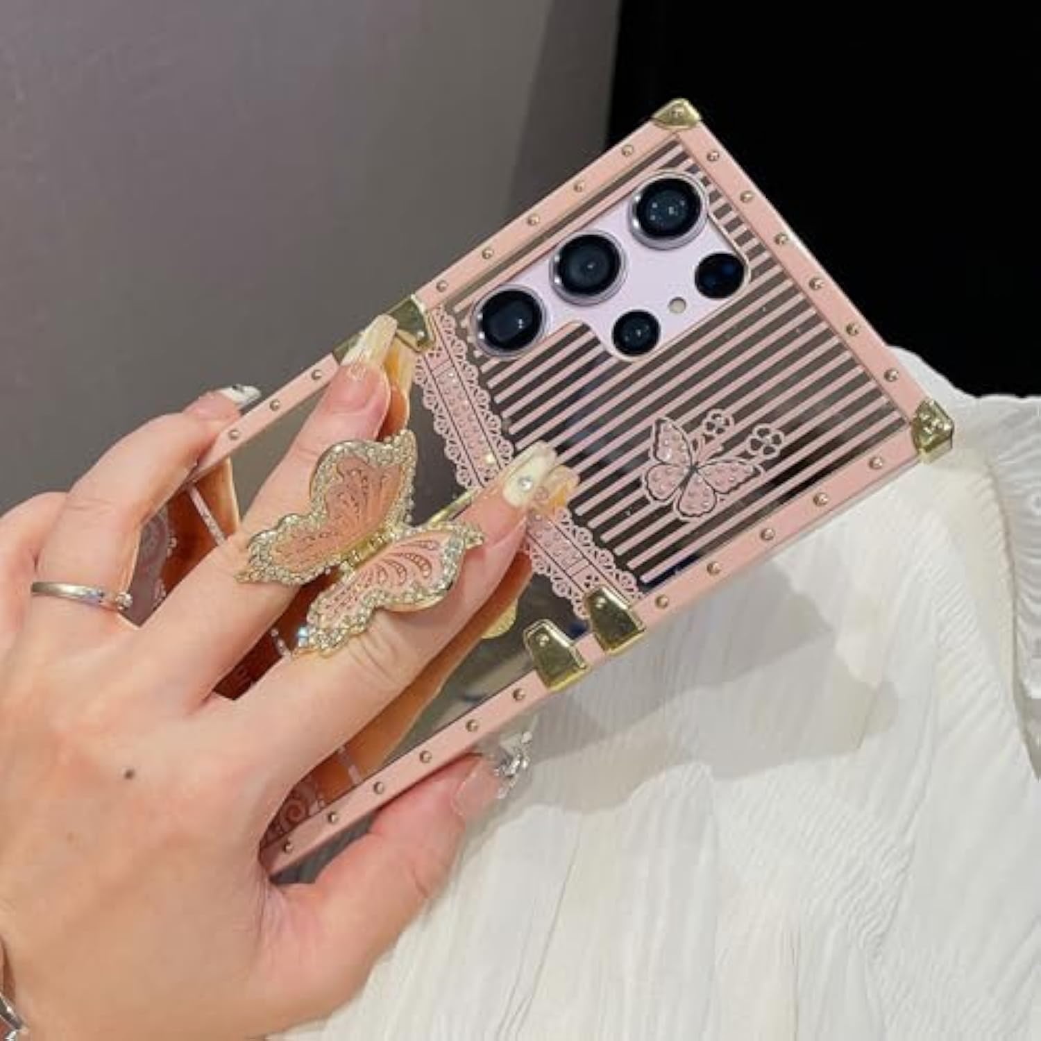 For Samsung Galaxy S25 Glitter Kickstand Case,Cute Luxury 3D Bling Sparkly Diamond Butterfly With Foldable Stand Mirror Elegant Shockproof Protective Case For Women Girls For Galaxy S25,Pink