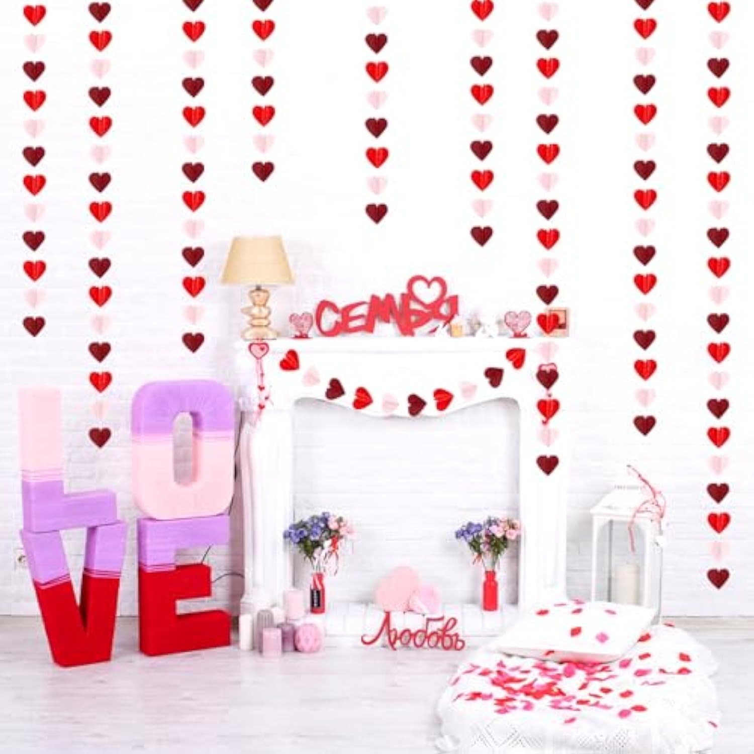 Valentines Day Pink Red Party-Decorations Heart-Garland - 39Ft 3D Burgundy Proposal Romantic Special Night Galentines Hanging Paper Streamers Banner,Engagement Wedding Baby Bridal Shower Decor