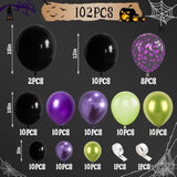 Halloween Balloon Arch Kit - Purple, Green & Black Metallic Balloons with Purple Confetti Decor