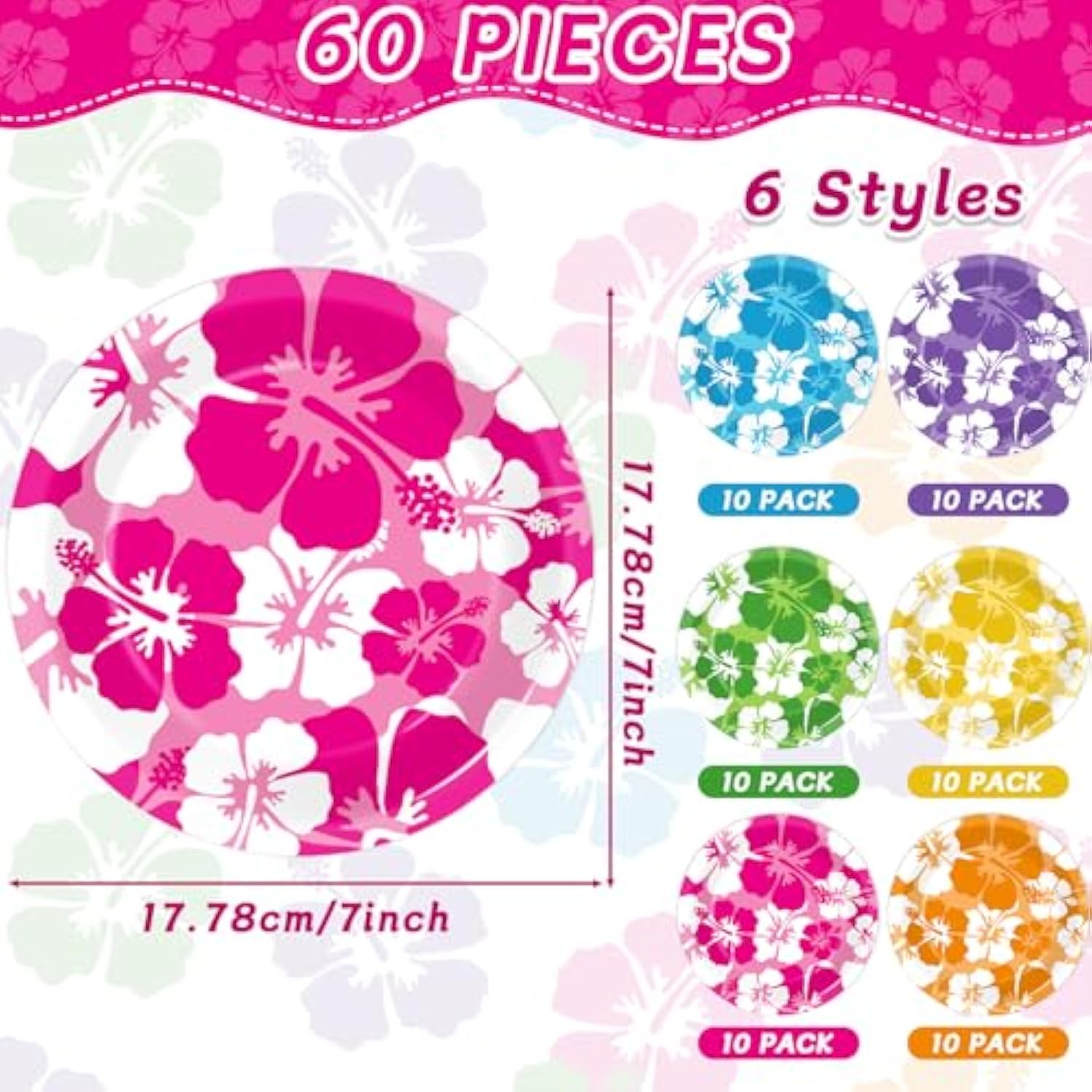 60Pcs Hibiscus Party Paper Plates For Summer Hibiscus Party Decorations 7In Hawaiian Dessert Plates Disposable Tableware Dinnerware Set For Summer Beach Birthday Party Decoration Pool Party Supplies