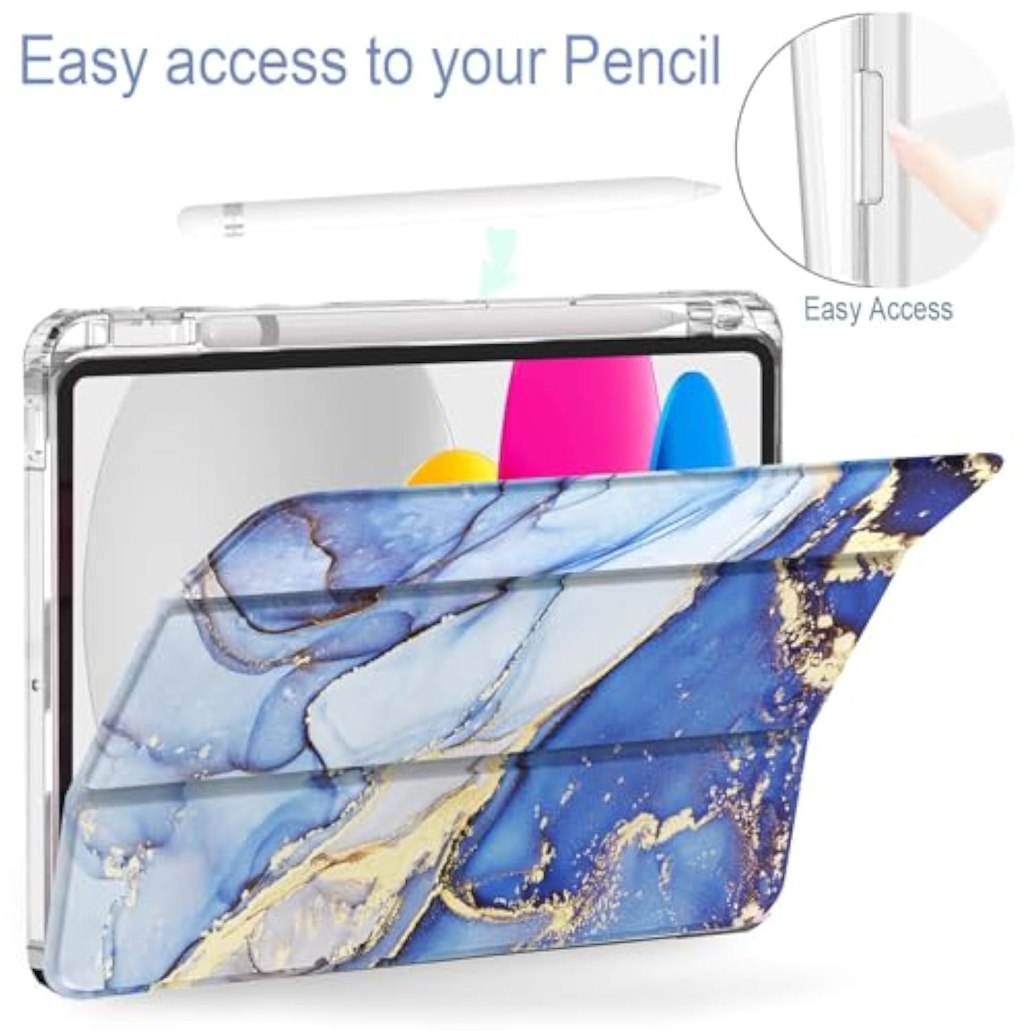 For (A16) 11Th Generation 11 Inch 2025, 10Th Generation Case 10.9 Inch 2022, Slim A16 Case Clear Back Cover With Pencil Holder & Auto Sleep, Deep Blue Marble