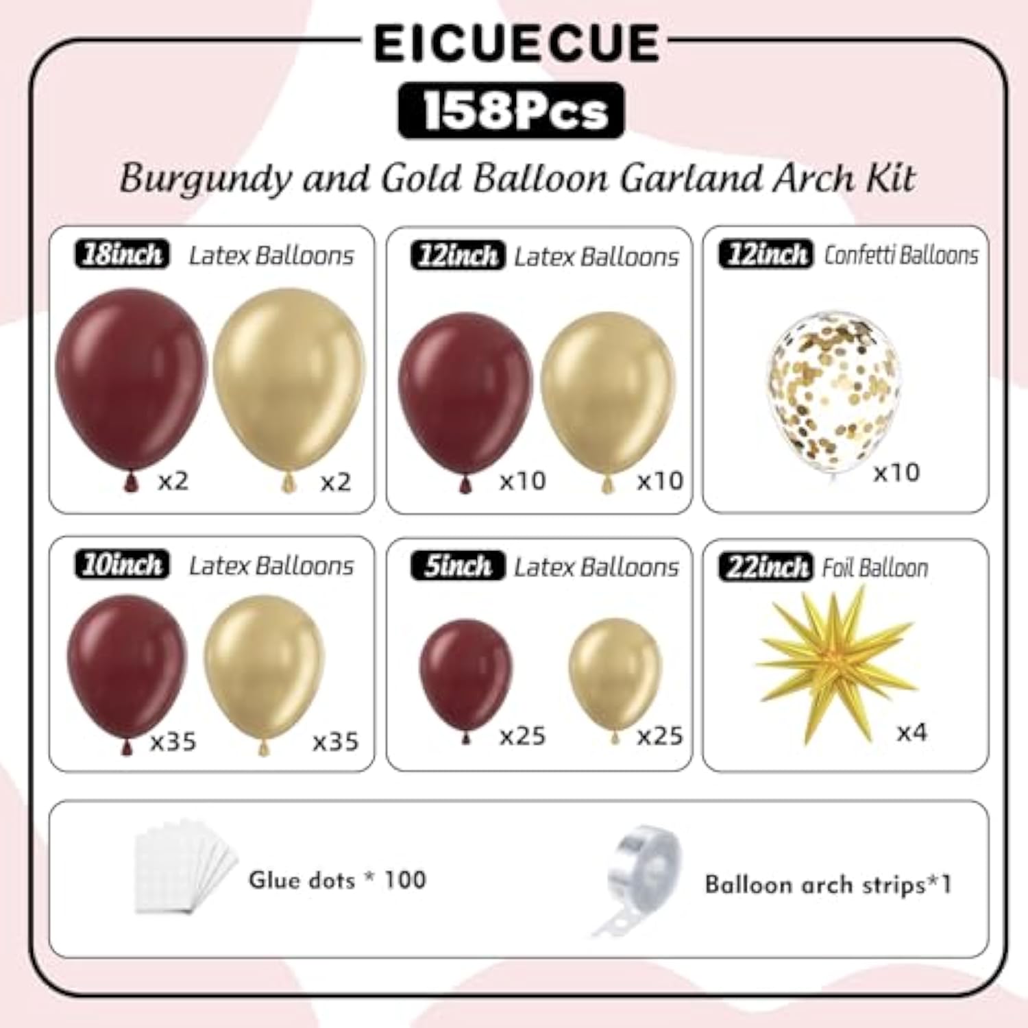 158Pcs Burgundy and Gold Balloon Garland Arch Kit Party Decorations