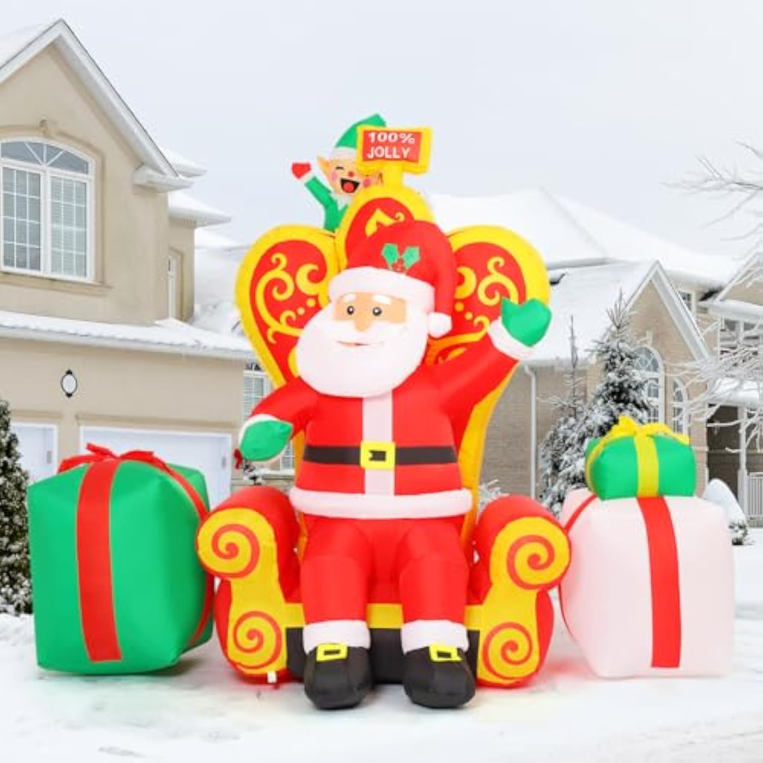 7 Ft Long Christmas Inflatables Santa Outdoor Decorations Blow Up Yard Elf Gift Box With Built-In Leds For Indoor Party