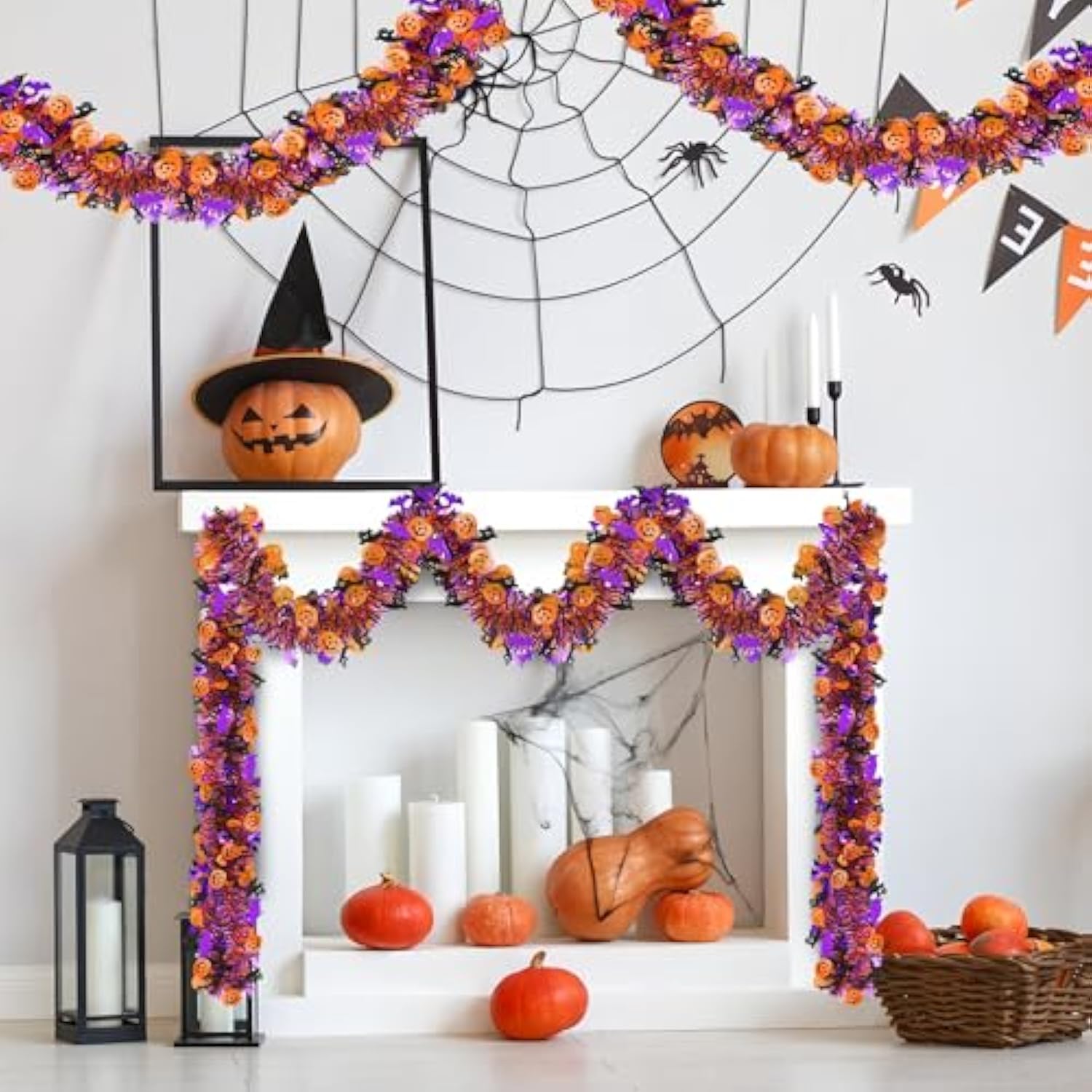 39FT Halloween Tinsel Garland with Pumpkin Ghost Bat Glitter Twist, 6PCS Party Decor