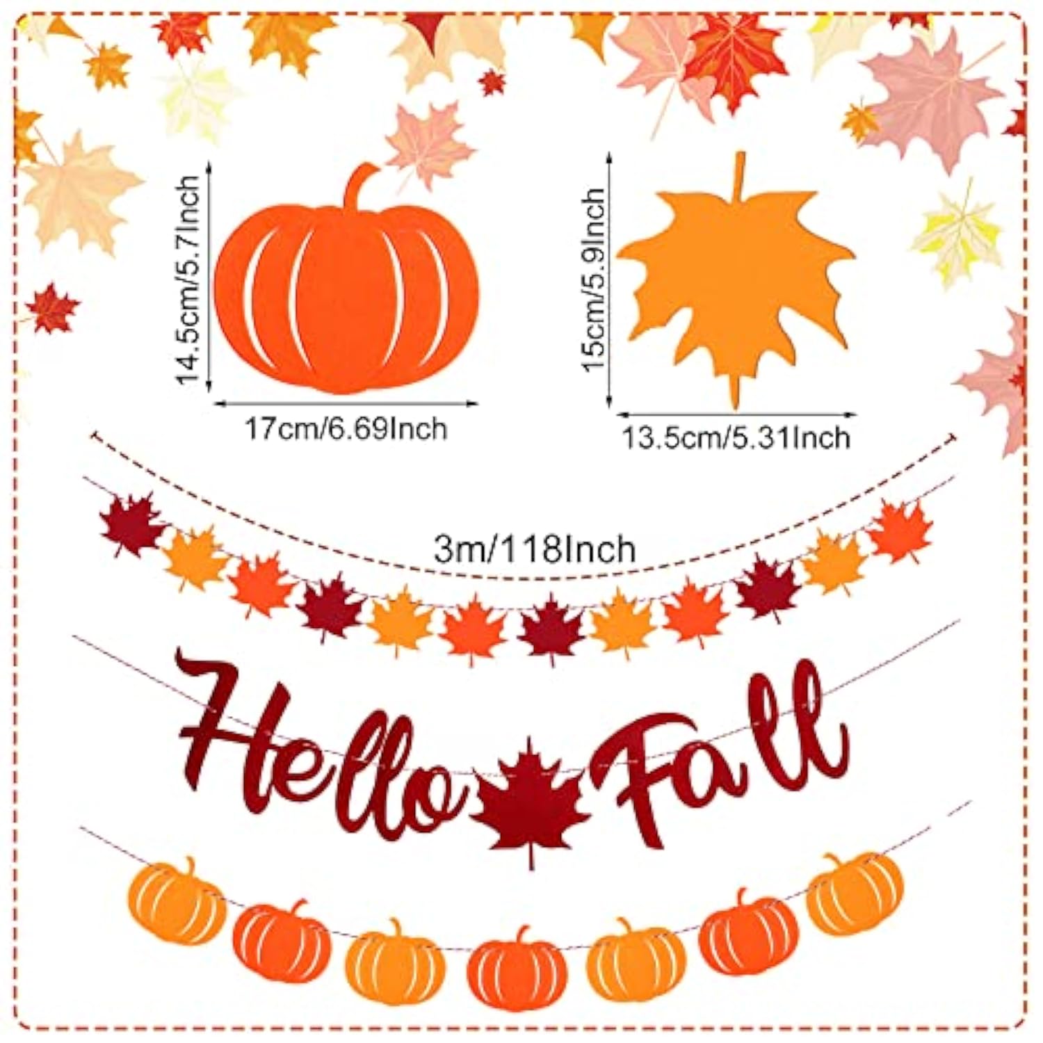 3 Pcs Hello Fall Banners - Thanksgiving Decoration With Autumn Pumpkins, Maple Leaves, Garlands, Mantel Bunting, Harvest Banners For Fireplace, Outdoors, Indoors, Party Hanging, Celebrations
