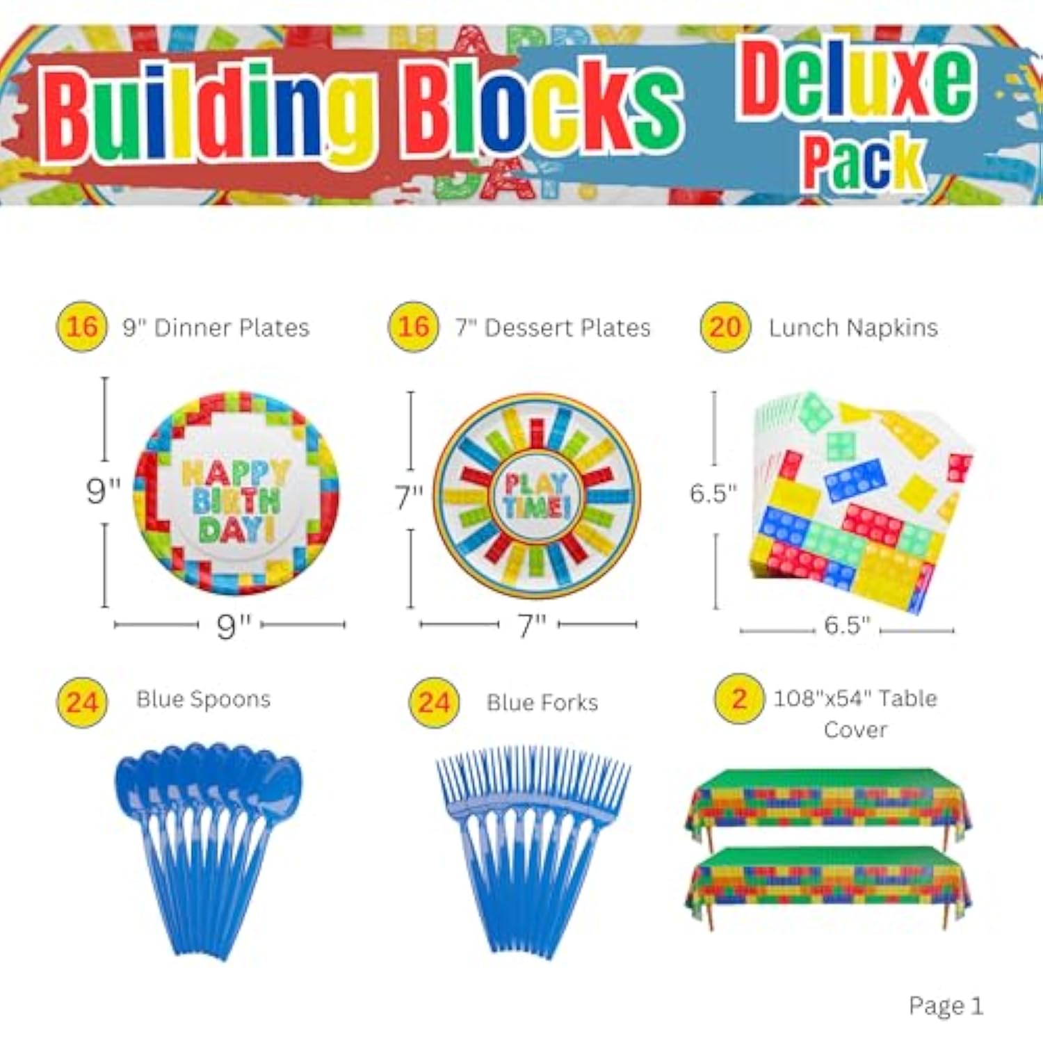 Building Block Deluxe Party Supplies Pack (137 Pieces For 16 Guests) - Gamer Birthday Decorations, Gamer Party Supplies , Blocks Party Decor, Brick Birthday,