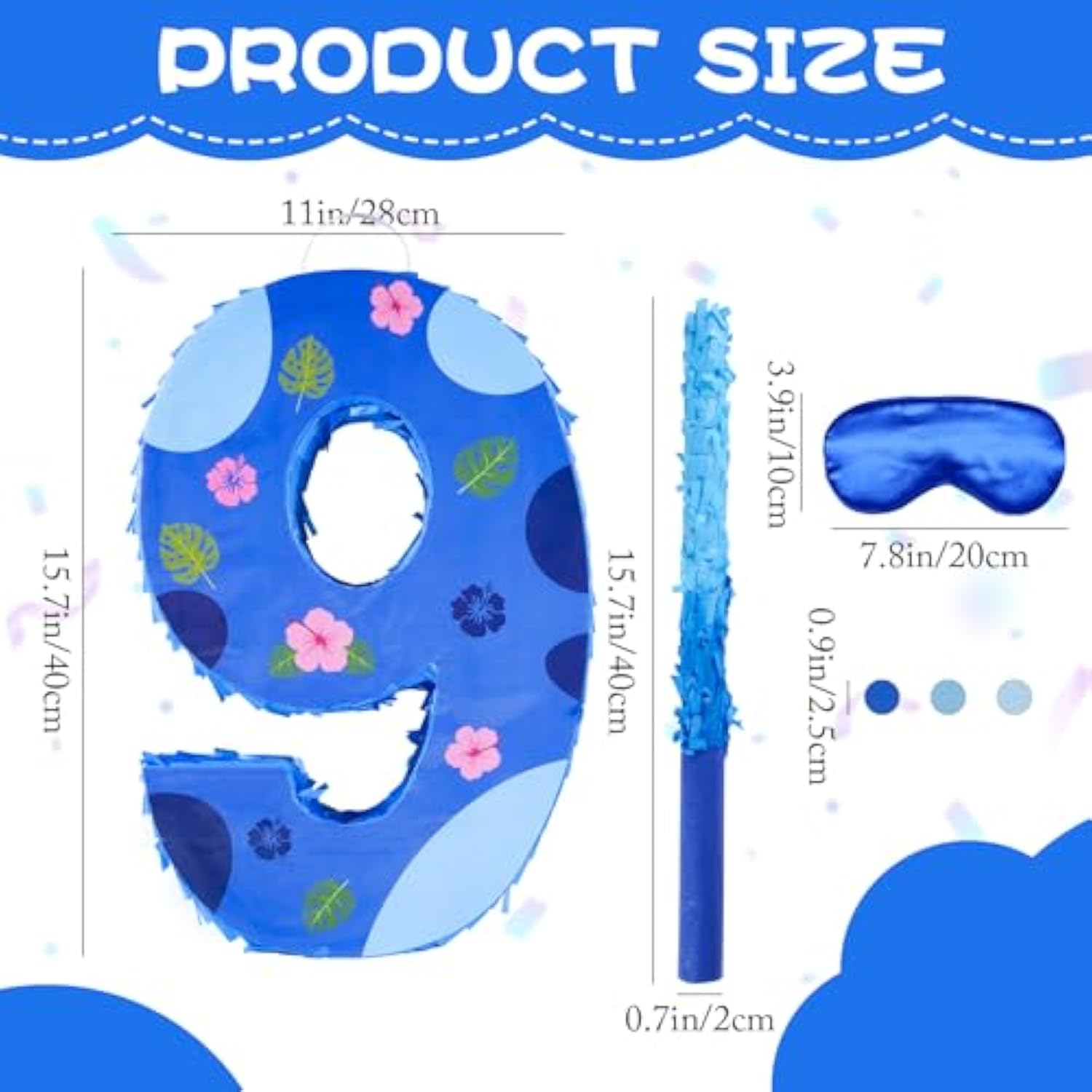 16 Inch Blue Pinata Set With Hawaii Pattern Number 8 Piñata, Blindfold, Stick And Confetti For Boys Girls 8Th Birthday Party Decorations (8-Hawaii Pattern Piñata)