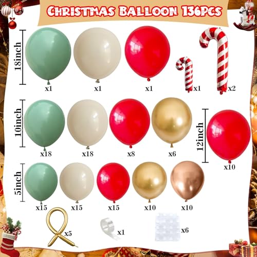 136Pcs Christmas Decorations Balloons Arch Kit Retro Green Red & Gold Xmas Balloons Garland with Candy Cane Foil Balloon Metallic Copper Long Gold Balloon for Snow Winter Holiday Party Supplies