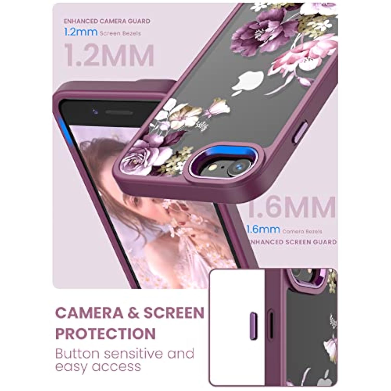 For Iphone Se 2022/2020 Case,Iphone 8/7 Case,With Tempered Glass Screen Protector Military Grade Drop Tested Hard Back & Soft Edge Slim Flower Women Girls Phone Protective Cover (Purple)