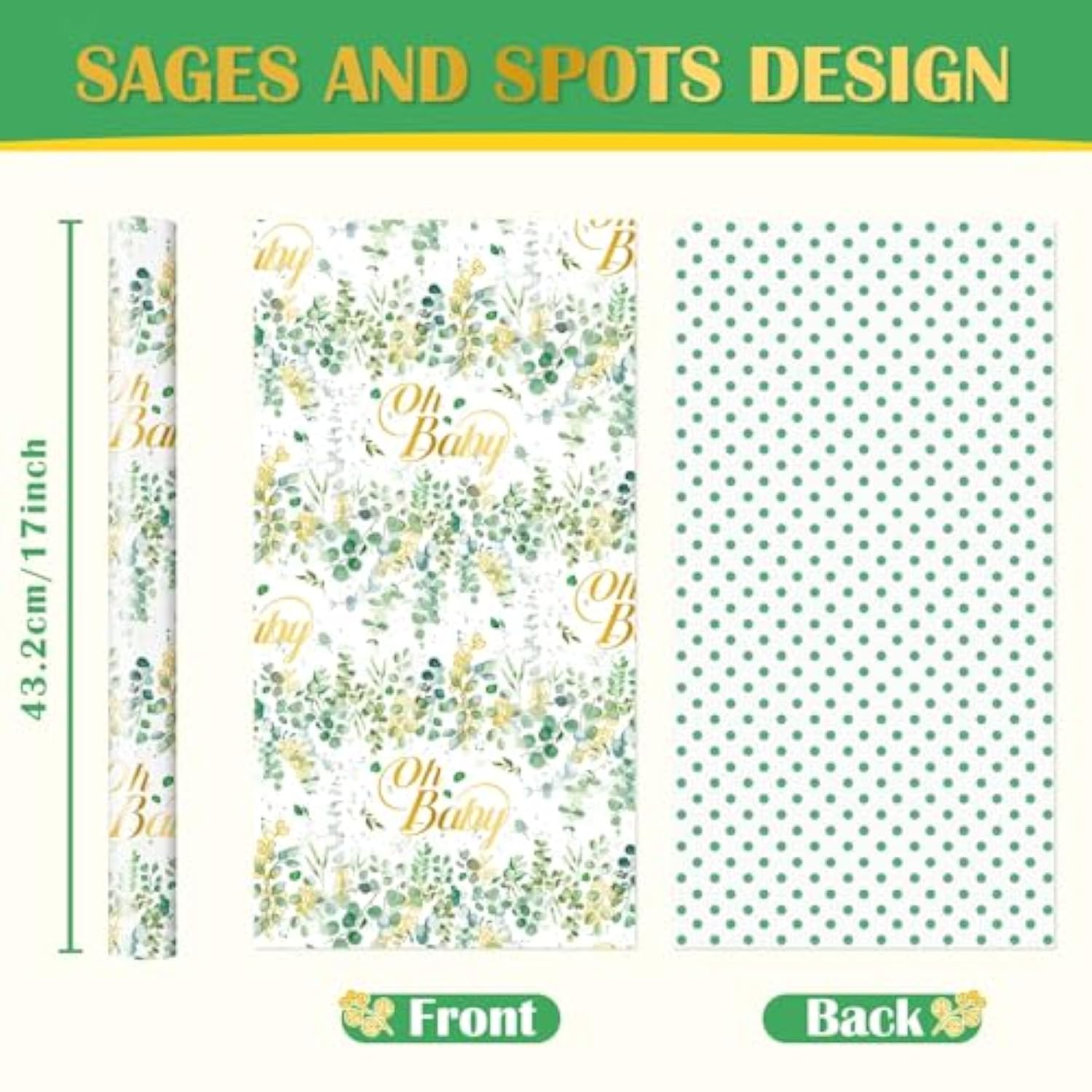 Sage Green Wrapping Paper Roll - 1 Roll 17”X 33 Ft Baby Shower Wrapping Paper Green Flower Floral Gift Packing Supply Wedding Bridal Shower Wrap Decor Favor For Baby Girls Birthday Festival Party