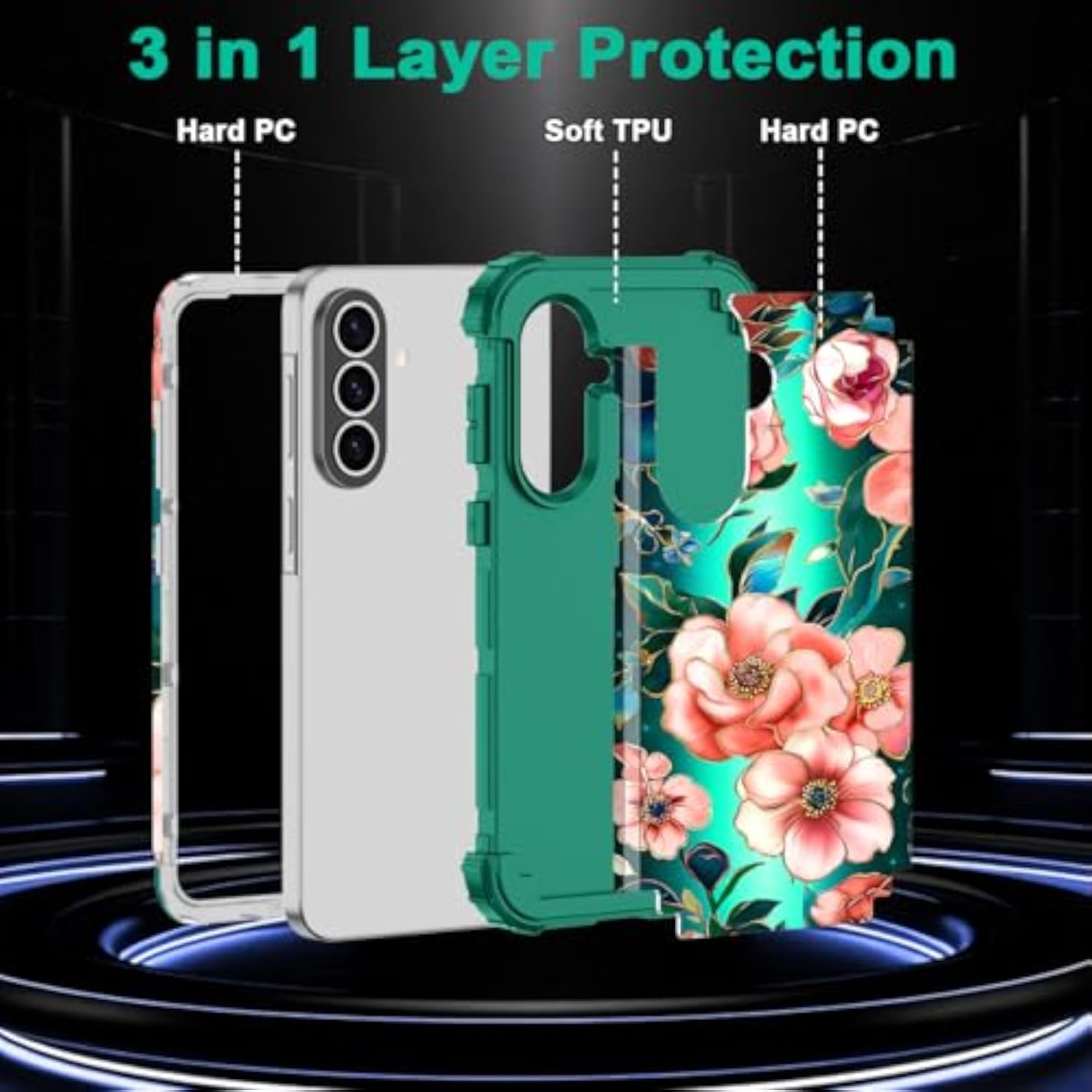 Galaxy A37 5G Case, Three Layer Heavy Duty Shockproof Protection Hard Plastic+Soft Silicone Full Body Drop Protective Case for Samsung Galaxy A37 5G 6.7 inch, Light Pink Flower