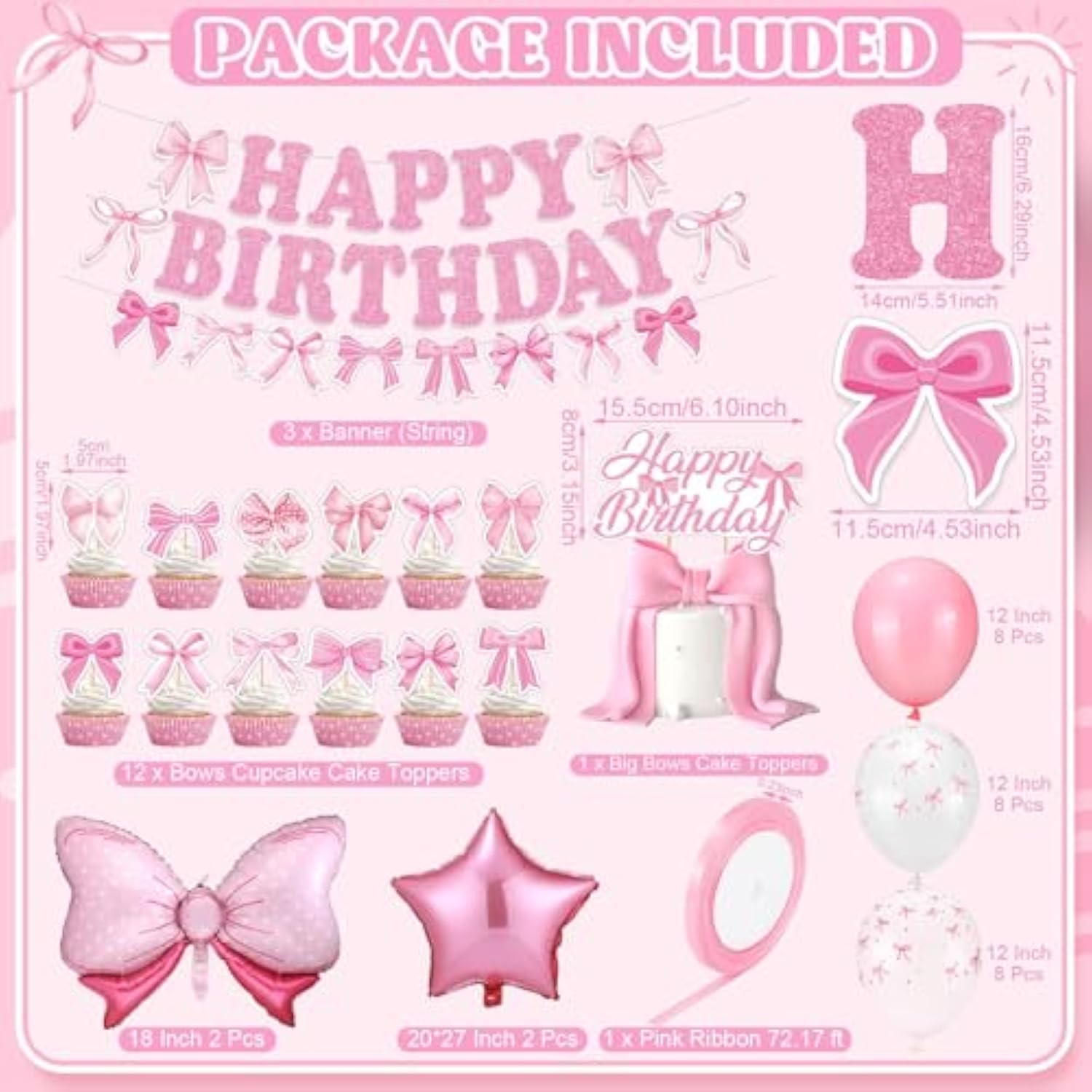 44 Pcs Pink Bow Birthday Decorations Include Pink Bow Balloons Star Balloons Cake Topper Bow Happy Birthday Banner For Party