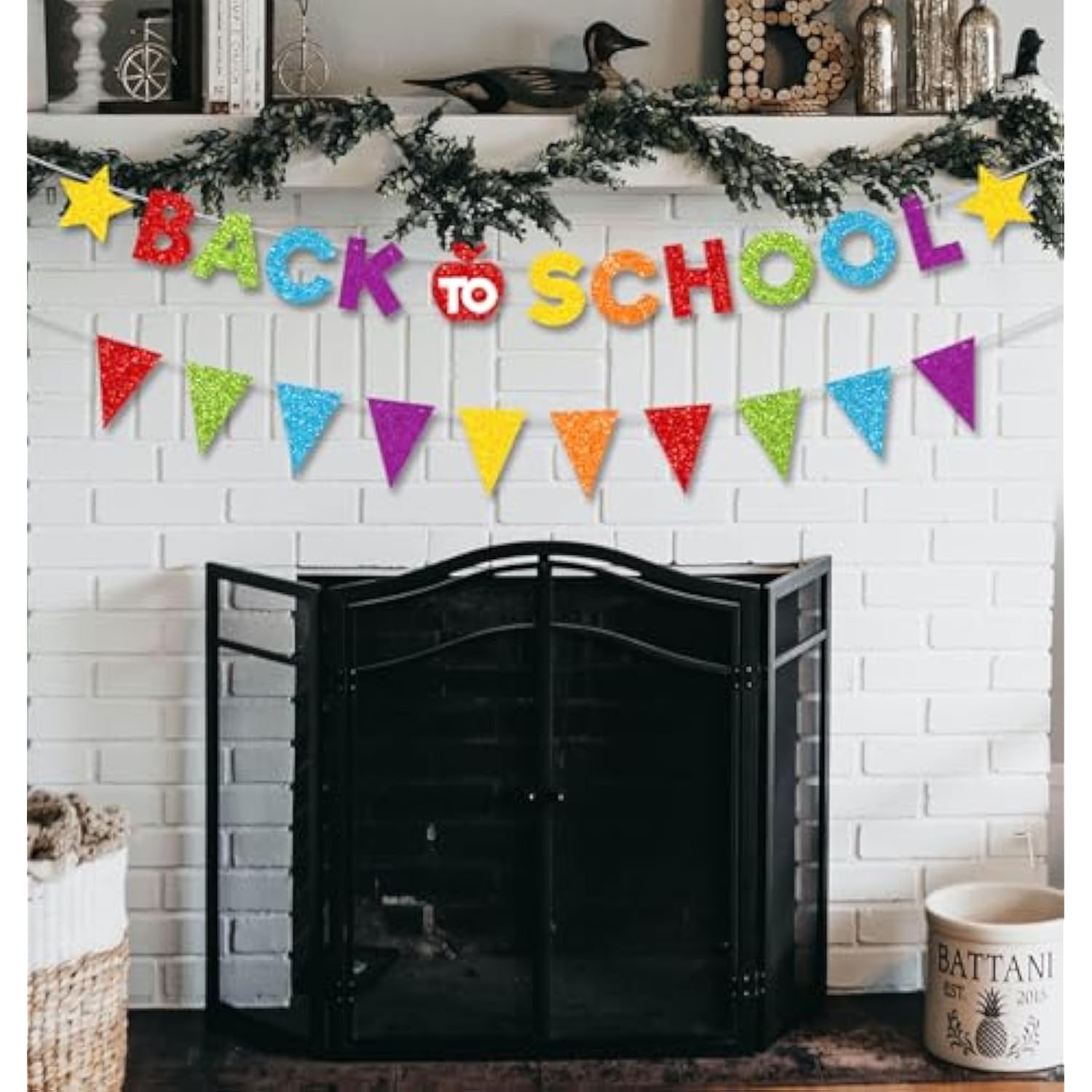 Glitter Back To School Banner And Pennant Banner Colorful Glittery First Day Of School Garland Welcome Back Party Fireplace Mantle Decorations Home Classroom Office Photo Booth Props