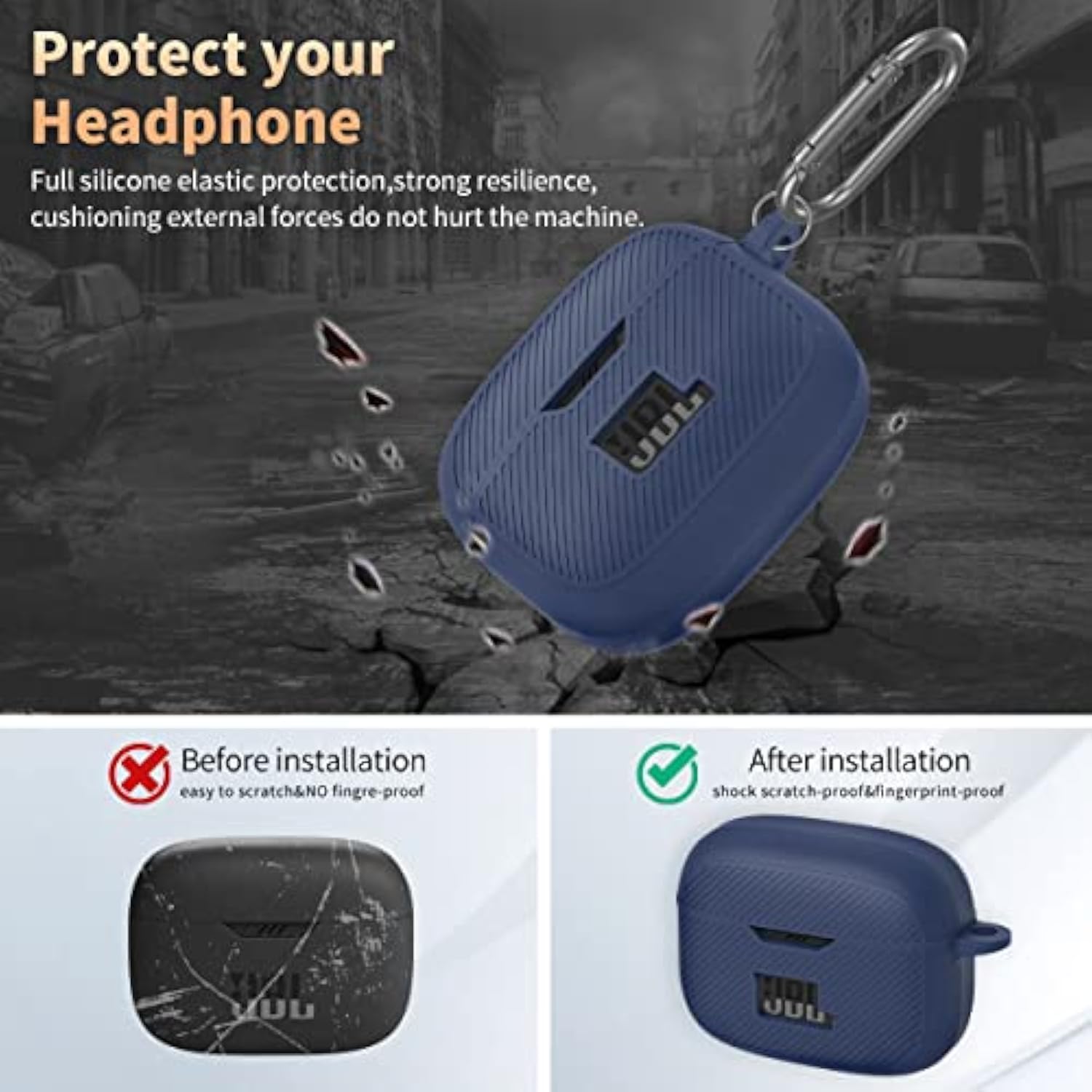 For Jbl Tune 230Nc Tws Case Cover, Silicone Protective Portable Scratch Shock Resistant Cover Only Compatible With Jbl 230Nc Earbuds Charging Case With Carabiner(Blue)