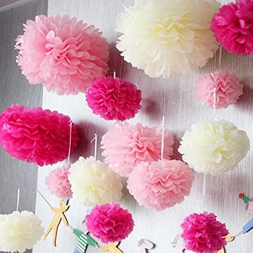 12pcs Hot Pink Tissue Paper Pom Poms,Hanging Paper Pompoms for Baby Shower Wedding Valentine's Day Engagement Birthday Party Decorations