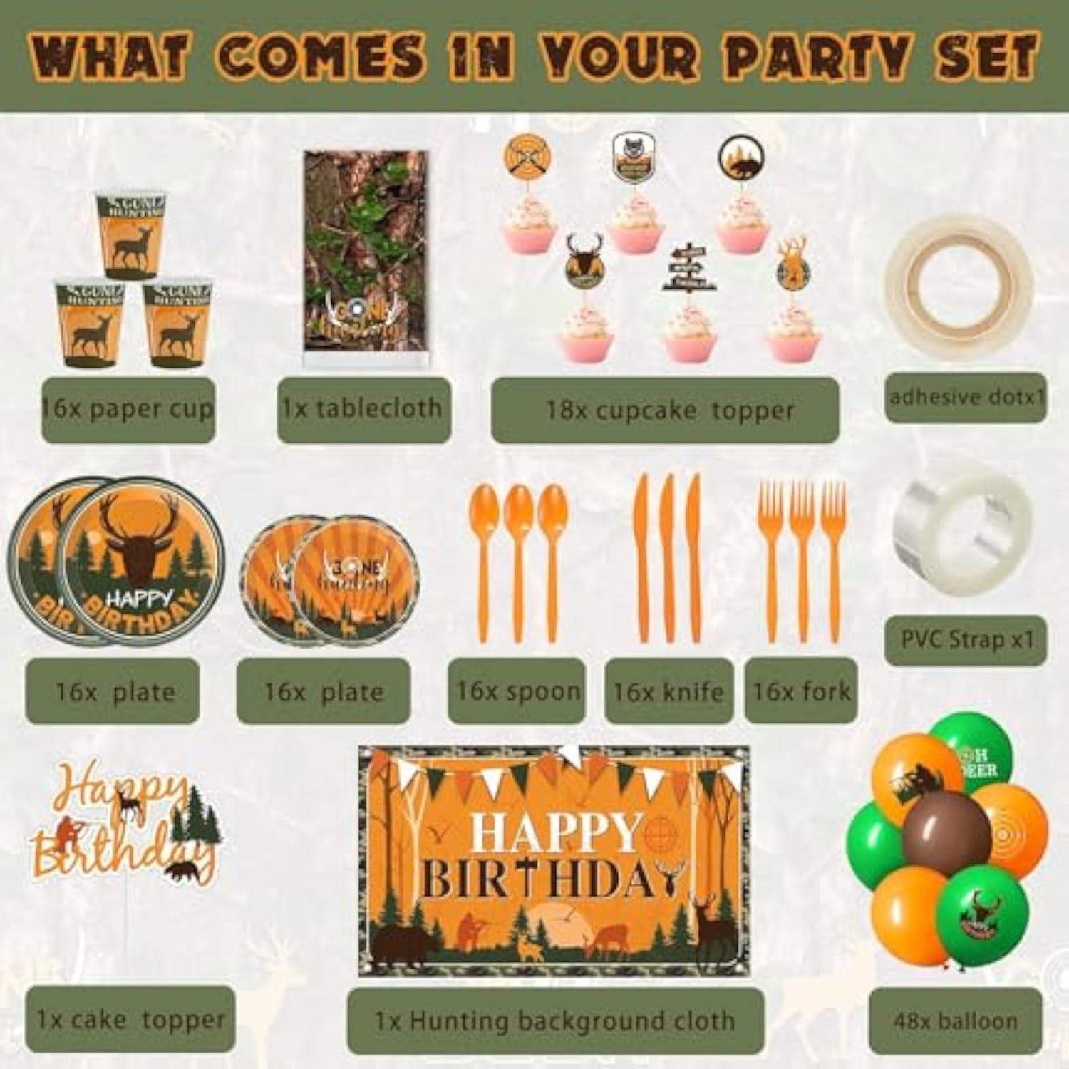 165Pc Hunting Camo Party Set with Backdrop, Balloons, Tableware & Cake Toppers