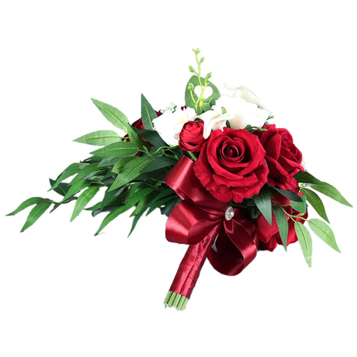Wedding Bouquets For Bride, 10 Inch White Wine Red Calla Lily And Rose Artificial Toss Bouquet Wedding Outdoor Rustic Waterfall Cascading Bridal Bouquets For Wedding Ceremony And Anniversary