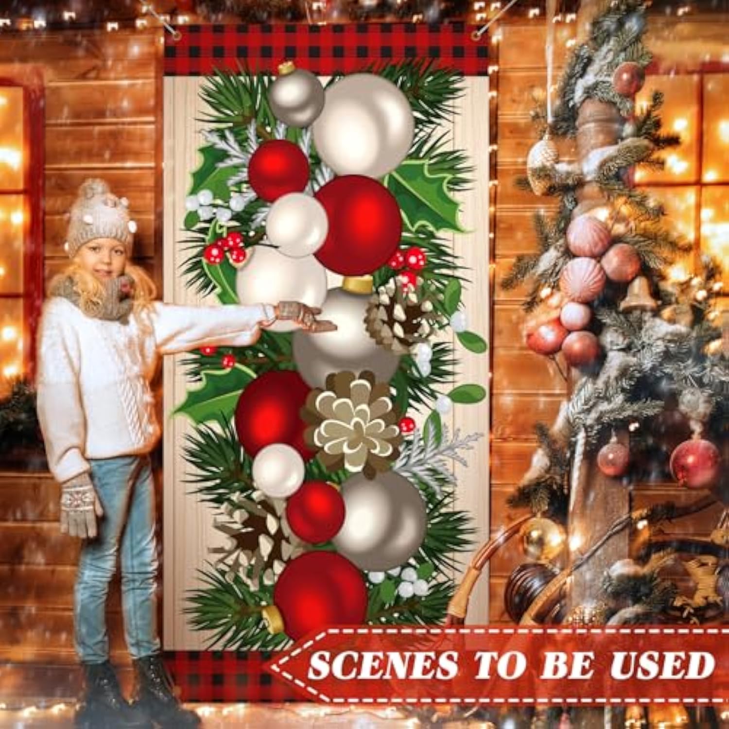 Christmas Door Cover Christmas Ball Door Decorations Xmas Photography Background Banner Porch Sign For Front Outdoor Winter Holiday Farmhouse Party Supplies 70.9 X 35.4''