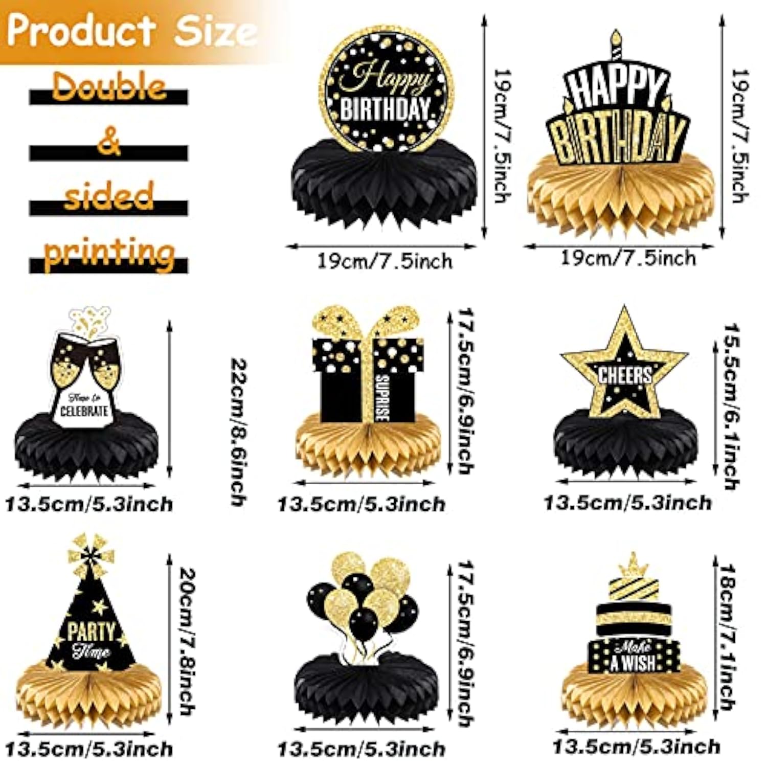 8Pcs Black Gold Birthday Honeycomb Centerpieces Table Toppers Party Decor
