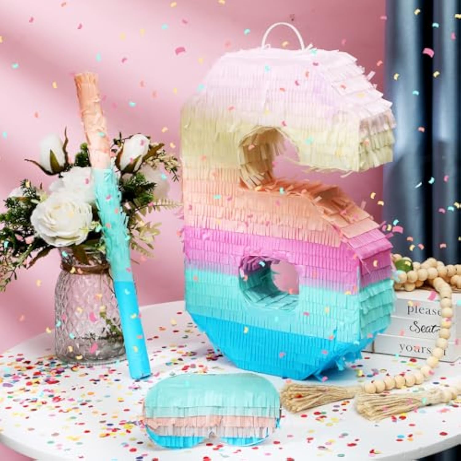 16 Inch Number Piñata Kids Birthday Party Macaron Piñata With Blindfold Stick And Confetti For Unicorn Birthday Wedding Baby Shower Decor(Number 6)