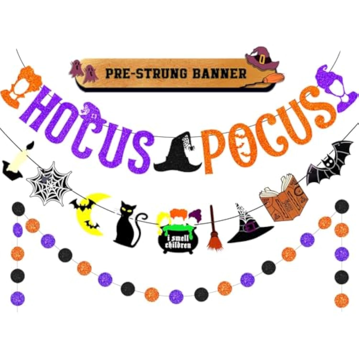 Upgraded, 3Pcs Hocus Pocus Decor, Halloween Hocus Pocus Banner (Premium Glitter), With 12Pcs Hallo Ween Sign Hanging Paper, 1 Set Garland, Witches Halloween Decorations, For Indoor Home Office Wall