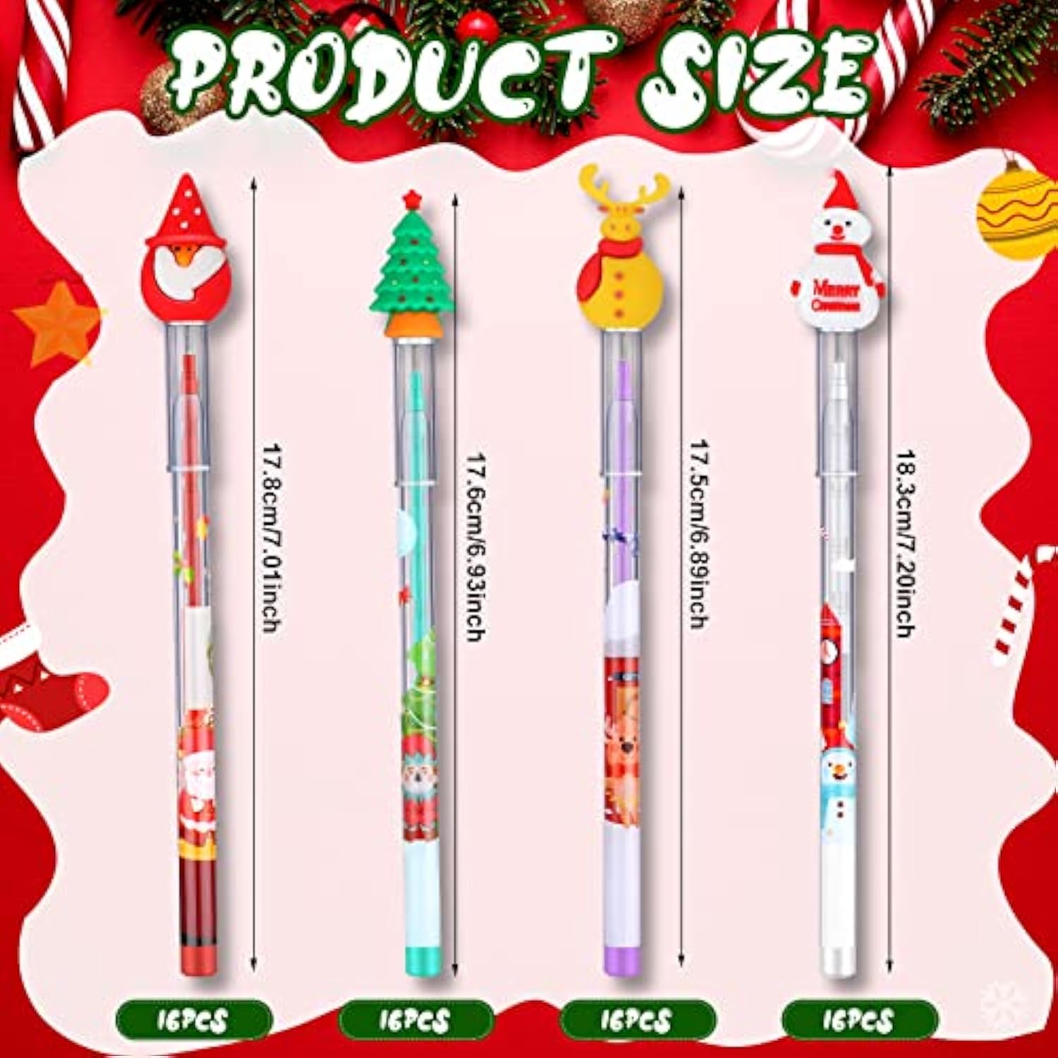 64 Pieces Christmas Pencils Multi-Point Stackable Push Pencils Christmas Plastic Decorated With Santa Xmas Tree Deer And Snowman For School Party Favor Supplies Children New Year Supplies