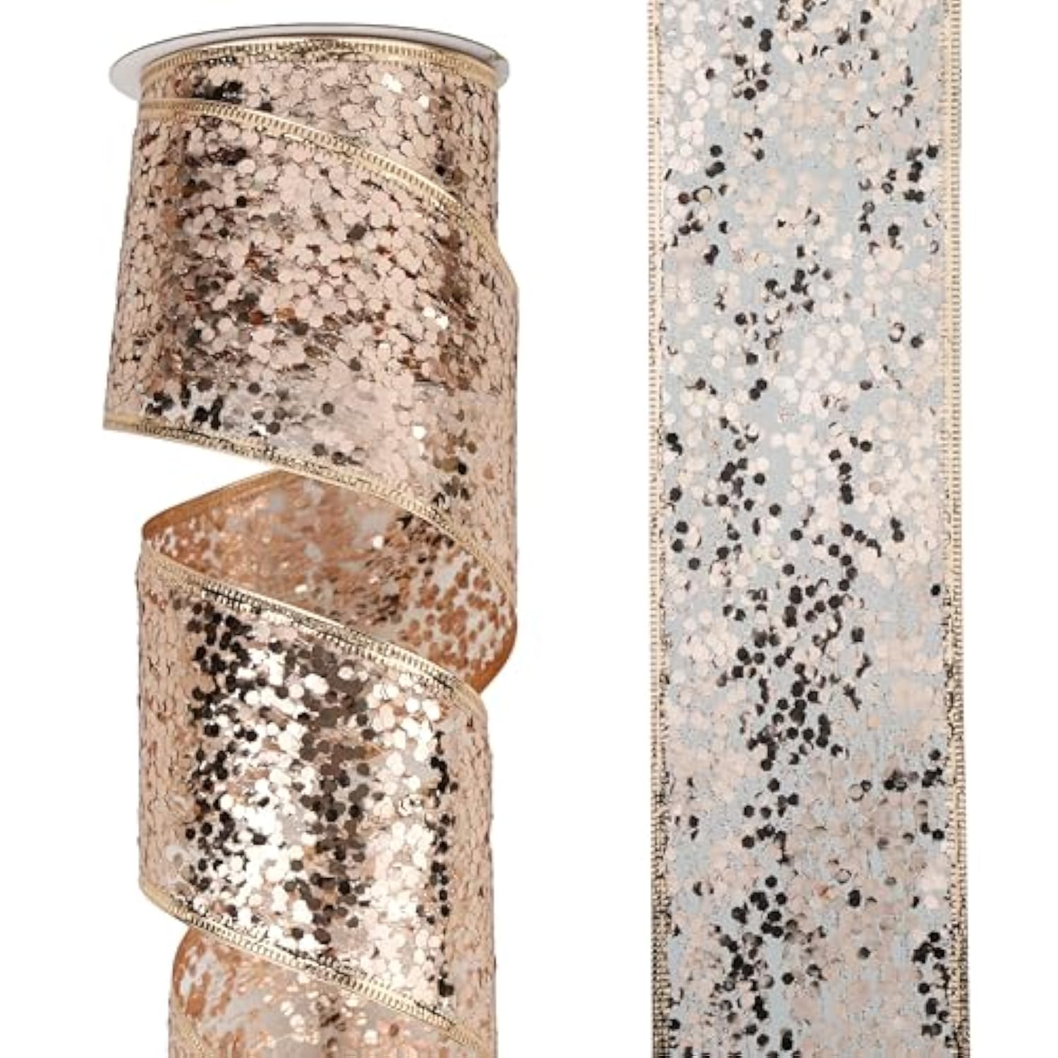 Rose Gold Wired Ribbon 2.5 Inch Rose Pink Shimmery Glitter Metallic Ri