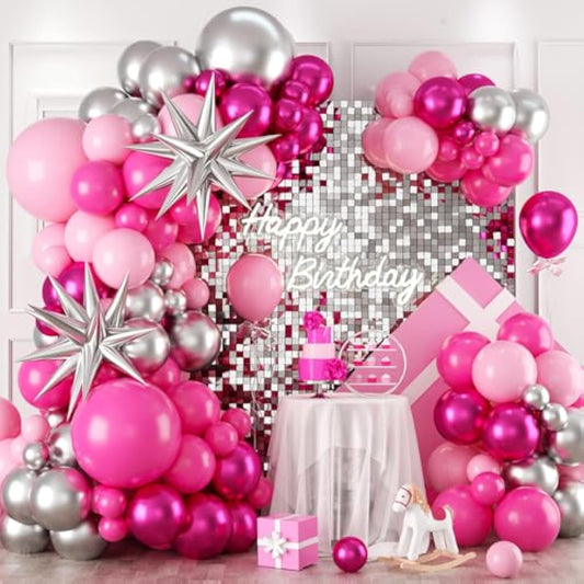 Pink And Silver Balloon Arch Kit, 120Pcs Pastel Pink Hot Pink Silver 4D Star Balloons For Girl For Baby Princess Theme Party Birthday Girl Baby Shower Anniversary Wedding 2025 Graduation