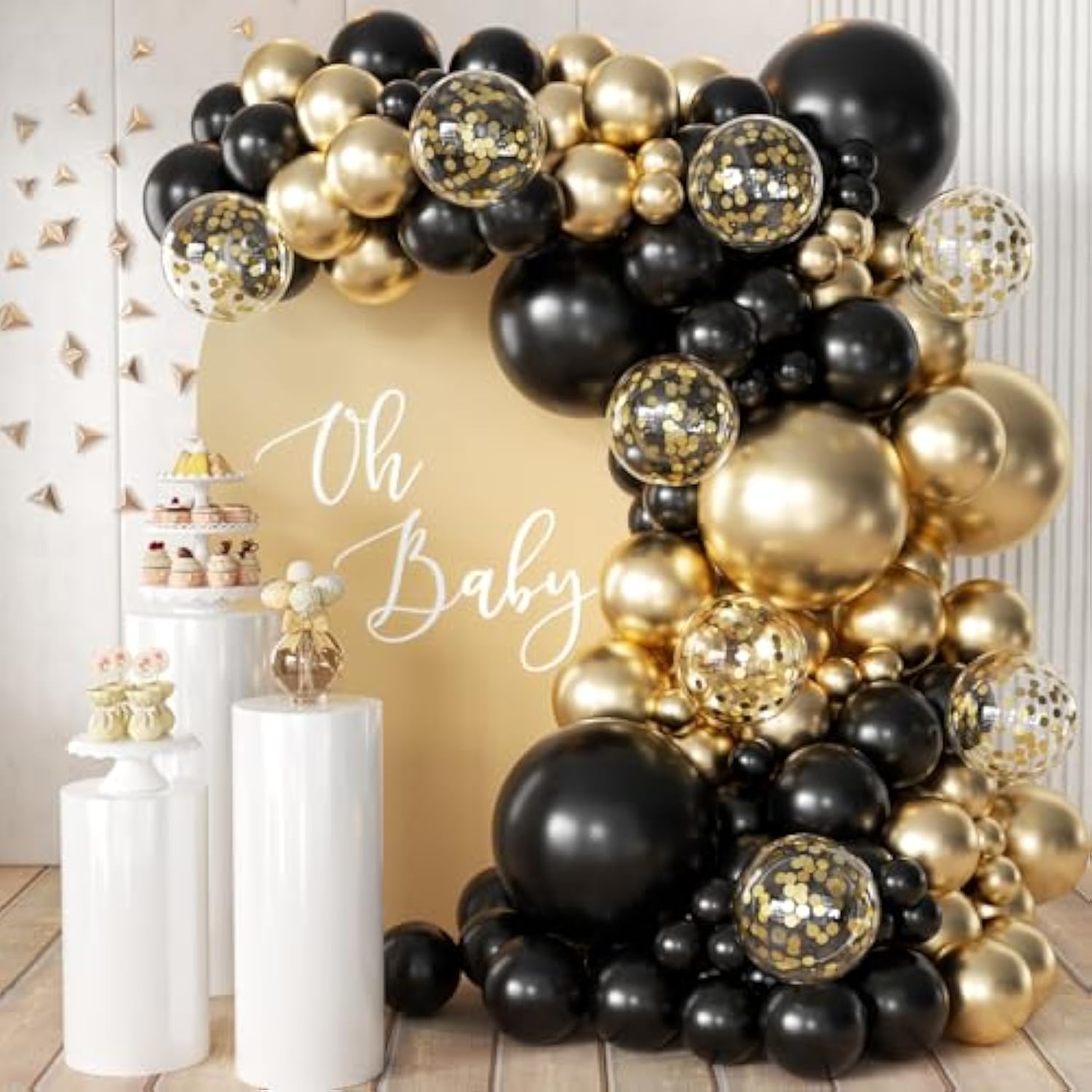 155pcs Black & Gold Balloon Garland Kit – Arch with Confetti Balloons